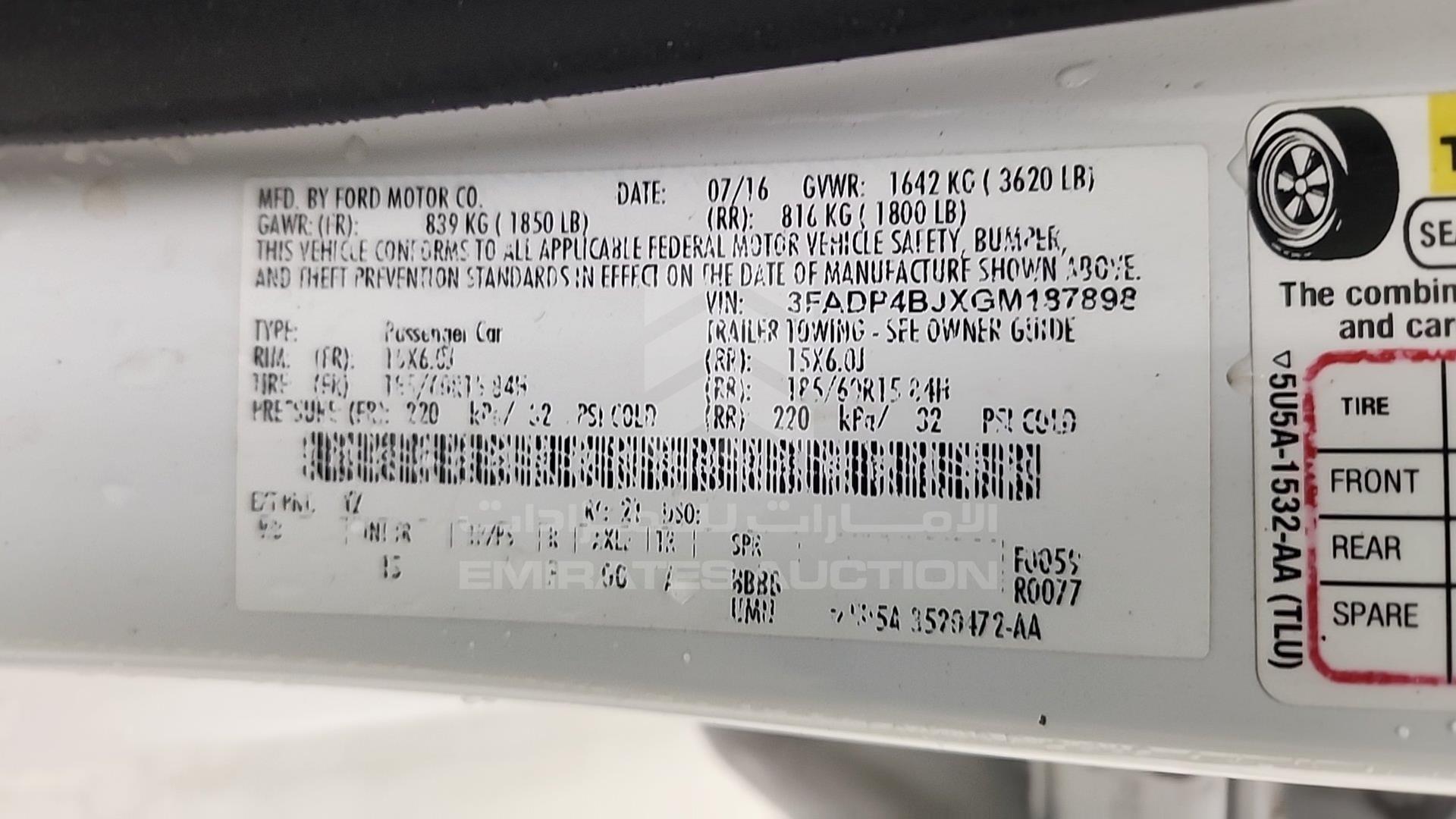 2016 FORD FIESTA VIN: 3FADP4BJXGM187898