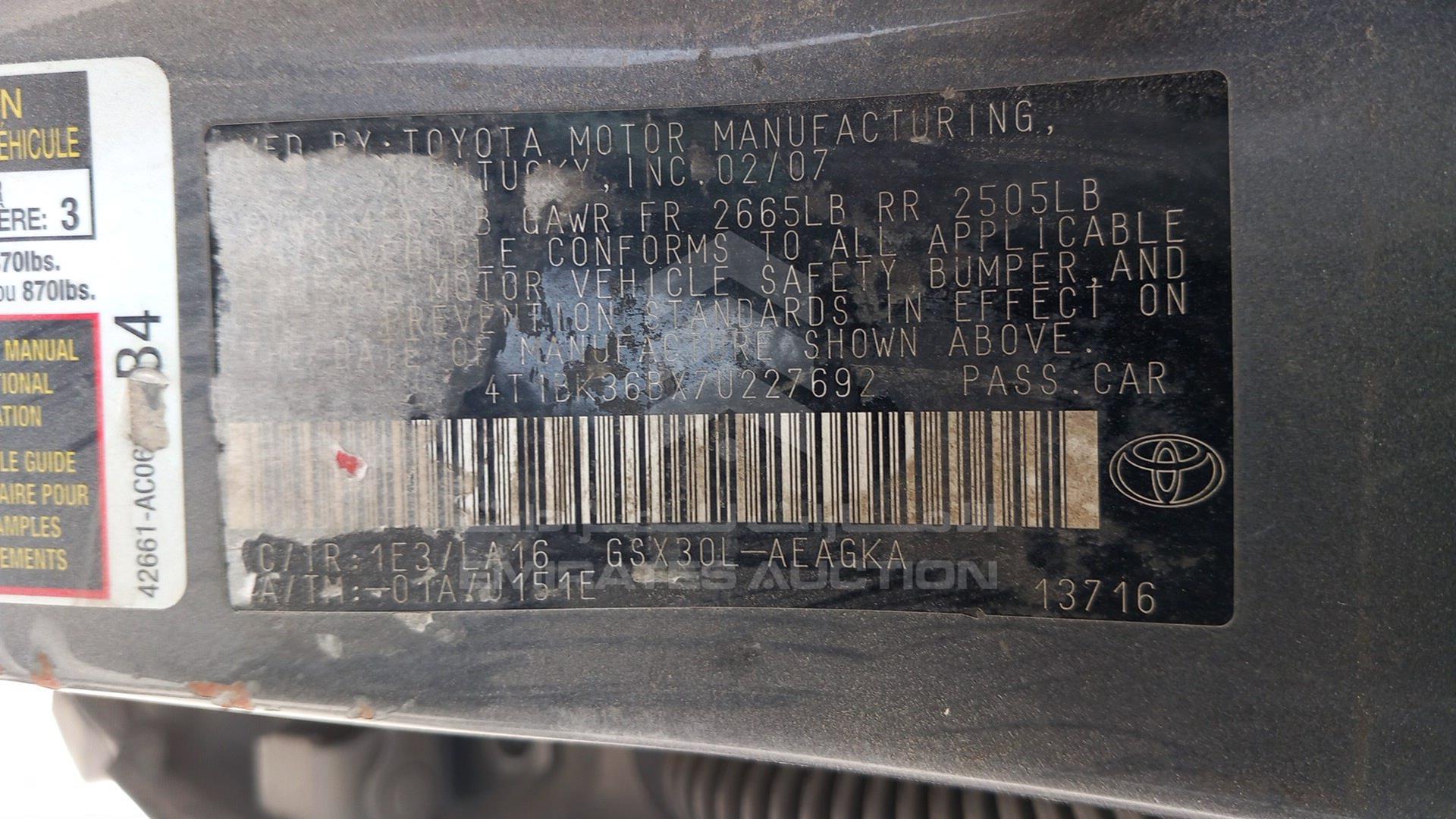2007 TOYOTA AVALON VIN: 4T1BK36BX7U227692