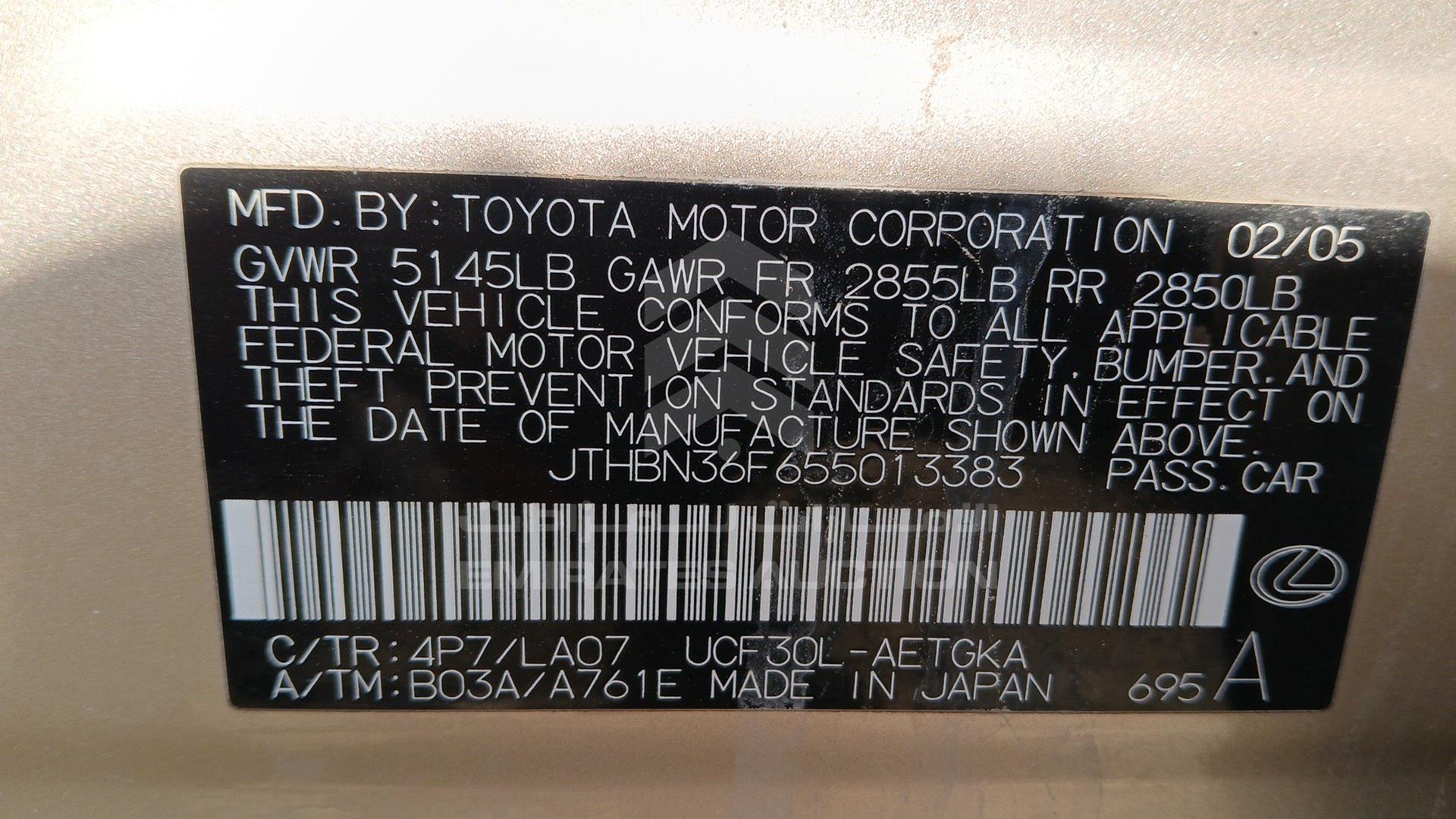 2005 LEXUS LS 430 VIN: JTHBN36F655013383