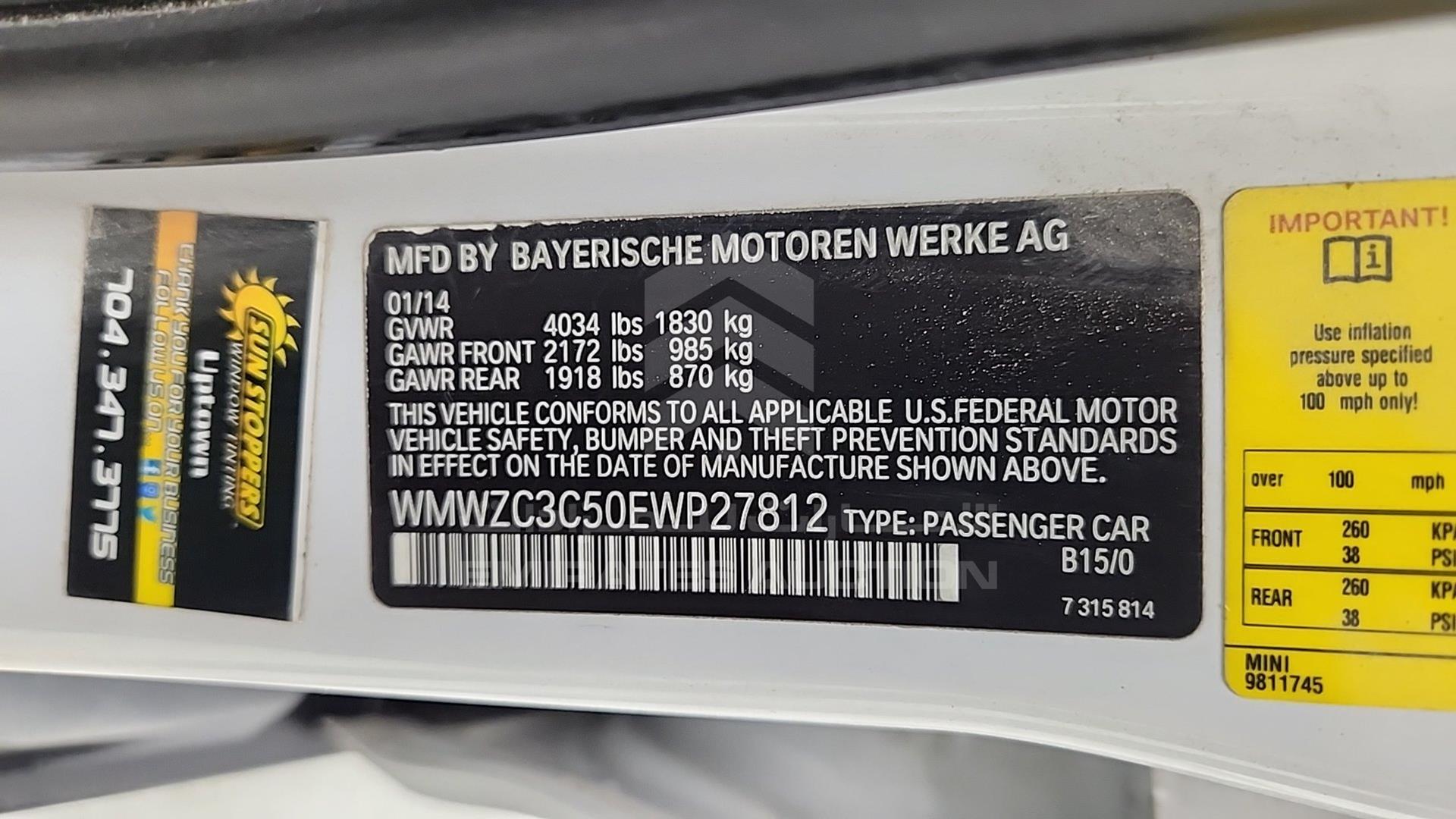 2014 MINI COOPER VIN: WMWZC3C50EWP27812