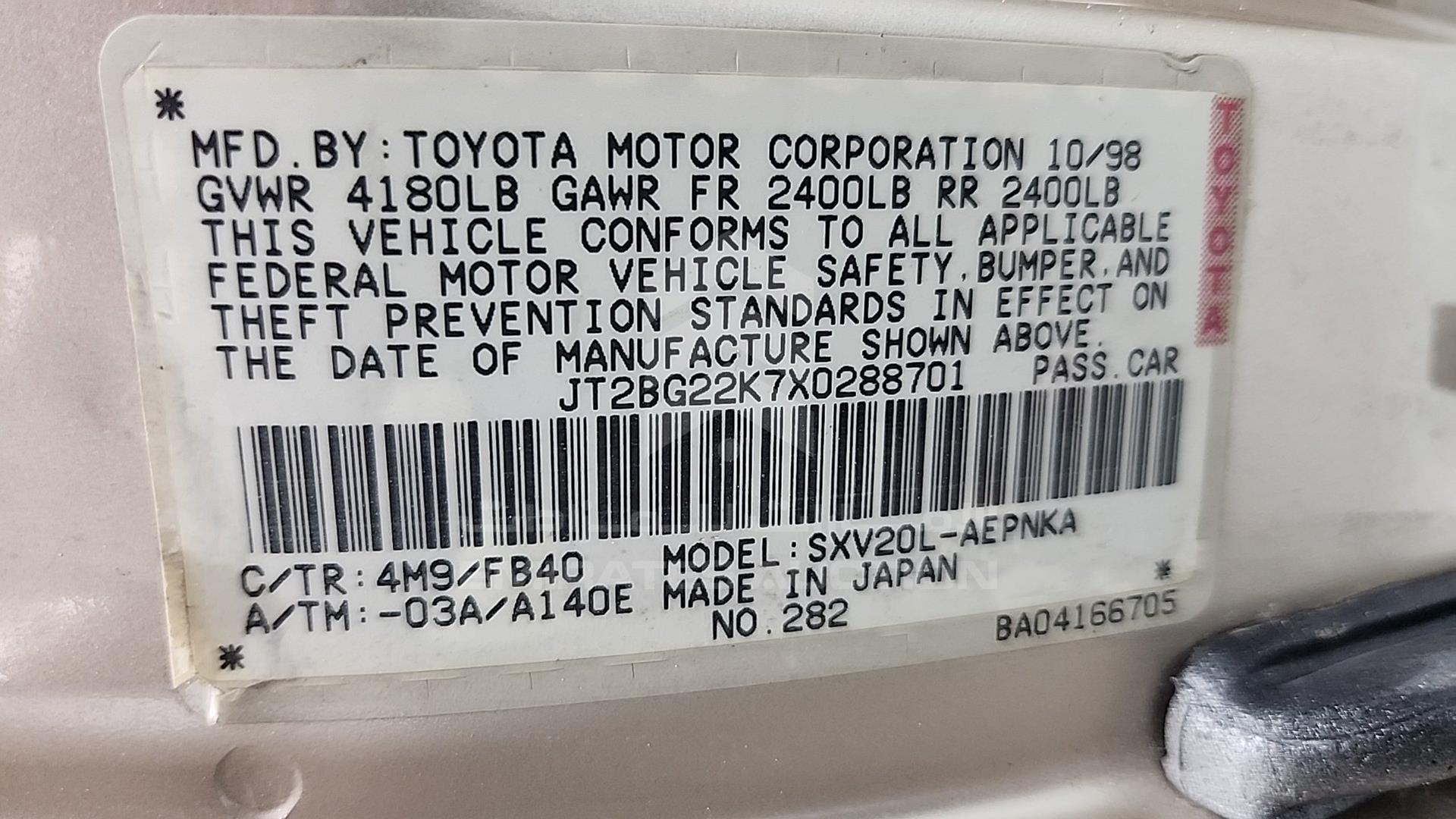 1999 TOYOTA CAMRY VIN: JT2BG22K7X0288701