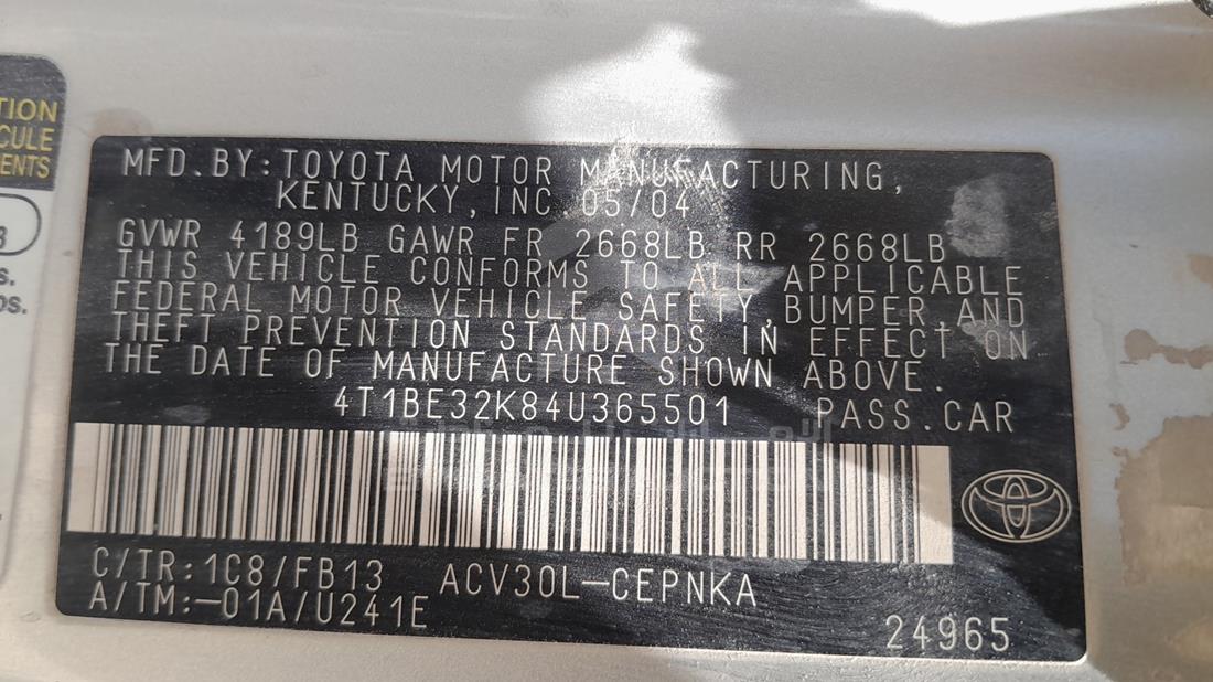 2004 Toyota Camry — VIN on Frame — Photo 3