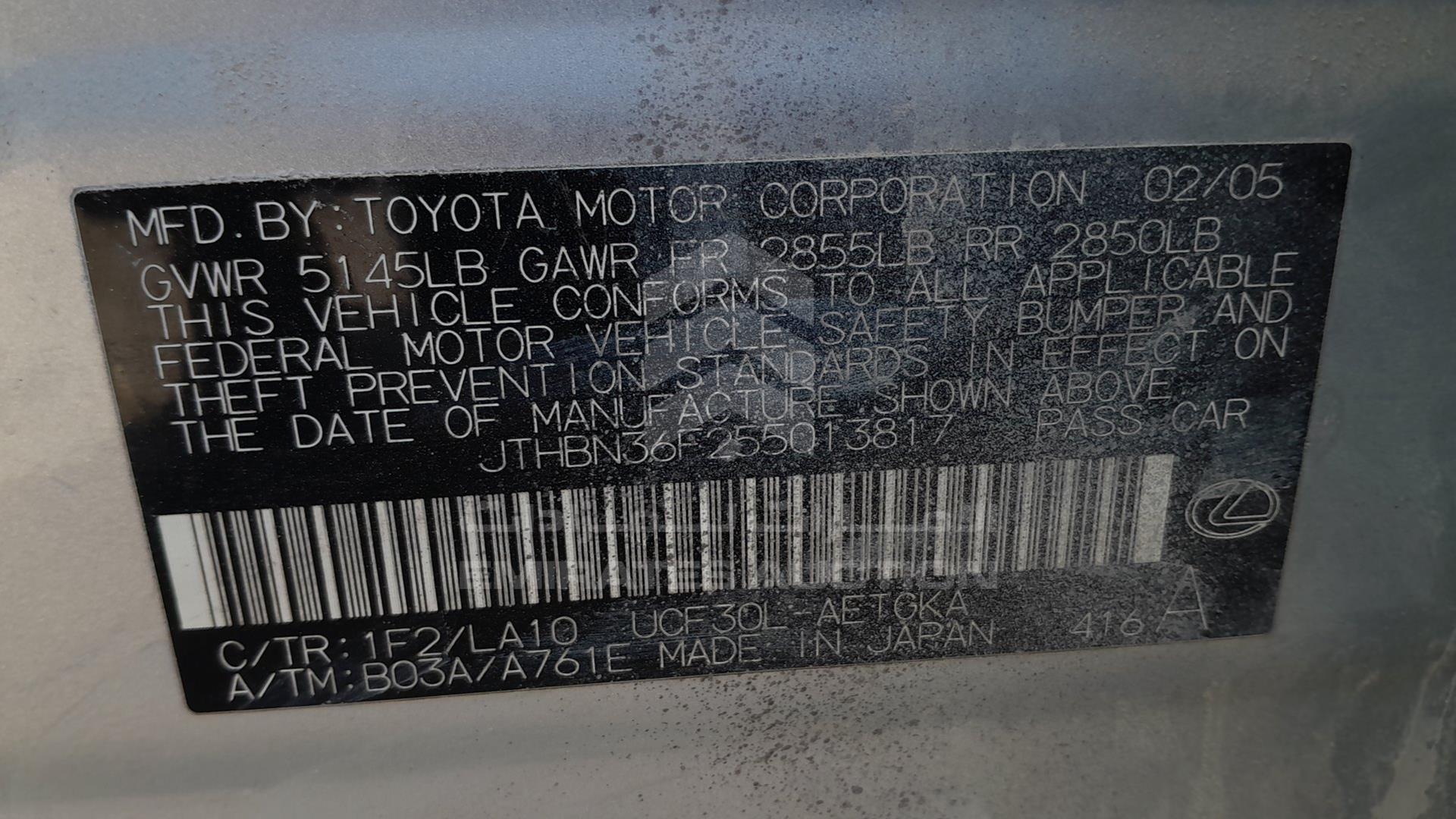 2005 LEXUS LS 430 VIN: JTHBN36F255013817
