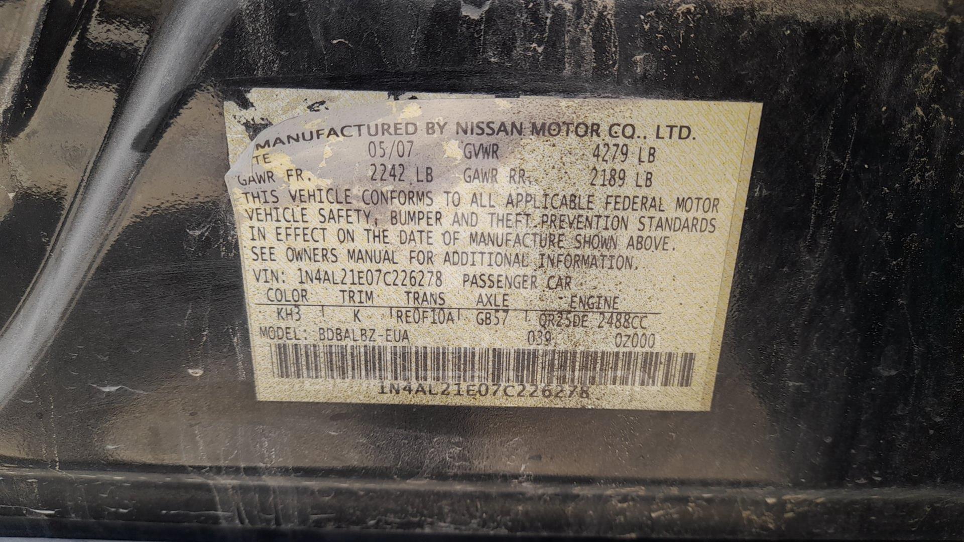 2007 NISSAN ALTIMA VIN: 1N4AL21E07C226278