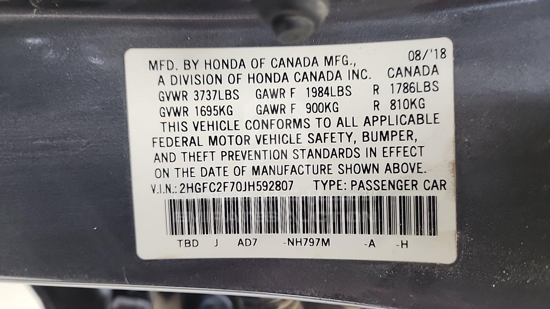 2018 HONDA CIVIC VIN: 2HGFC2F70JH592807