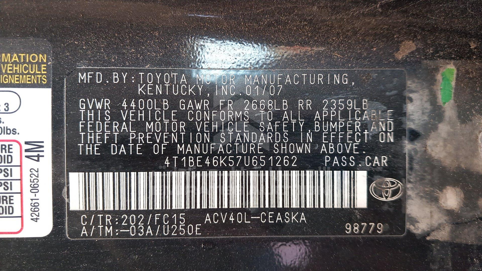 2007 TOYOTA CAMRY VIN: 4T1BE46K57U651262