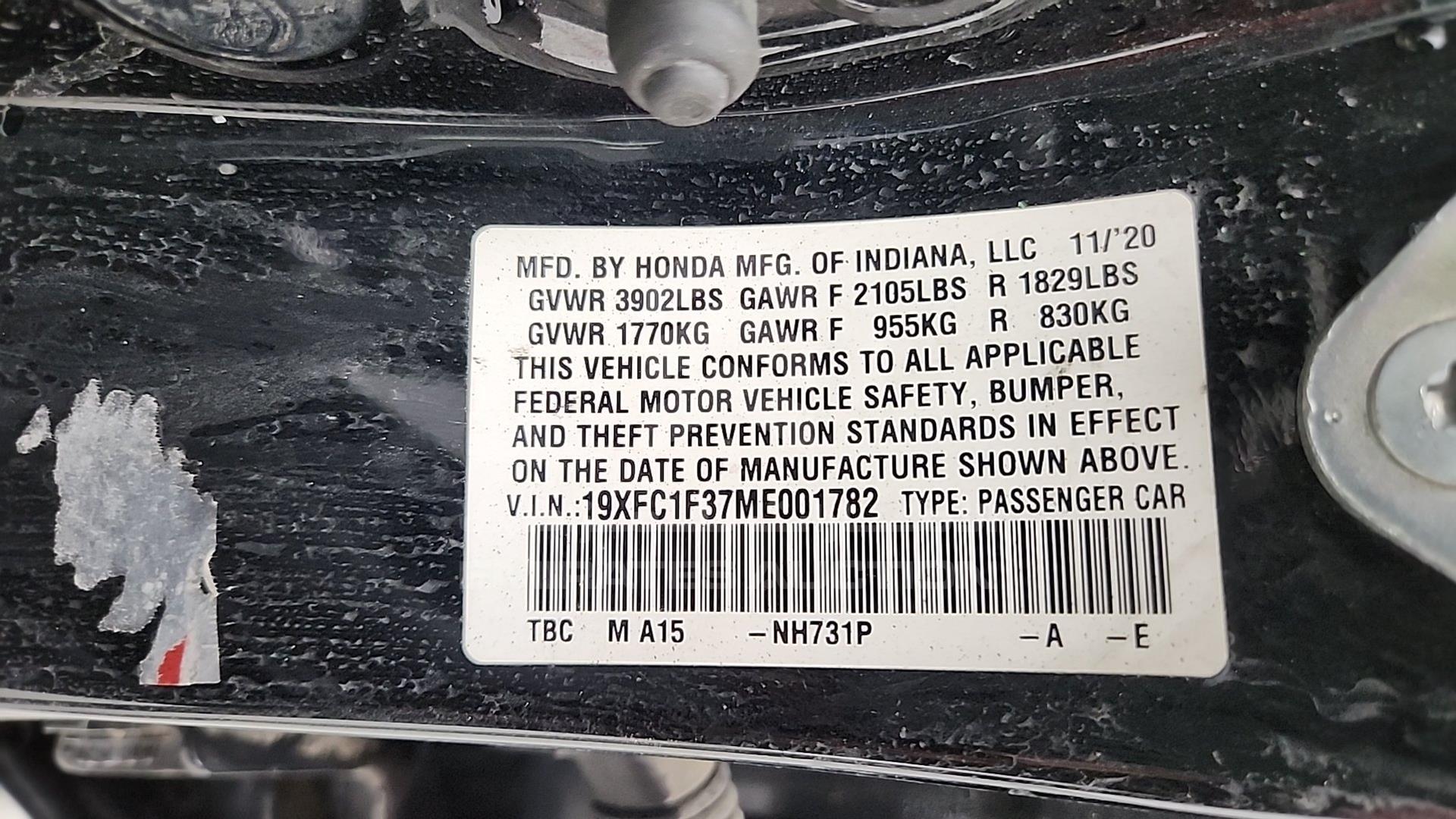 2021 HONDA CIVIC VIN: 19XFC1F37ME001782