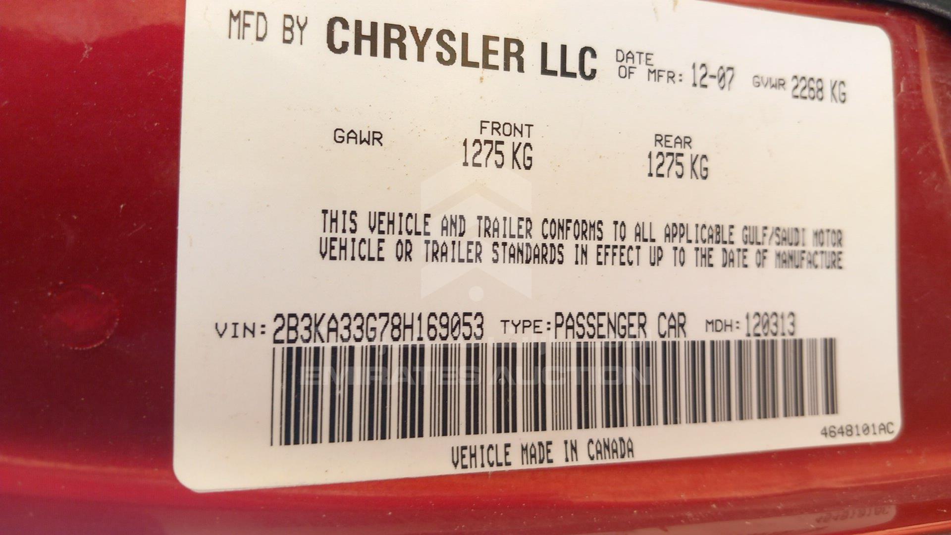2008 DODGE CHARGER VIN: 2B3KA33G78H169053