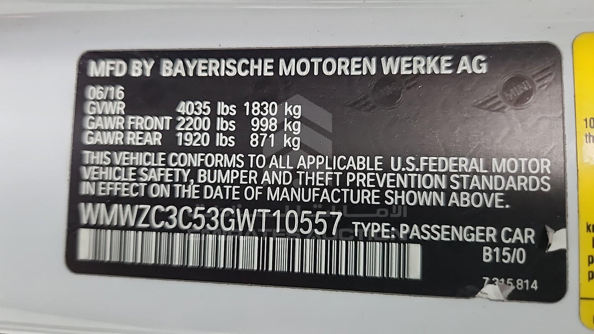 2016 MINI COOPER COUNTRYMAN VIN: WMWZC3C53GWT10557