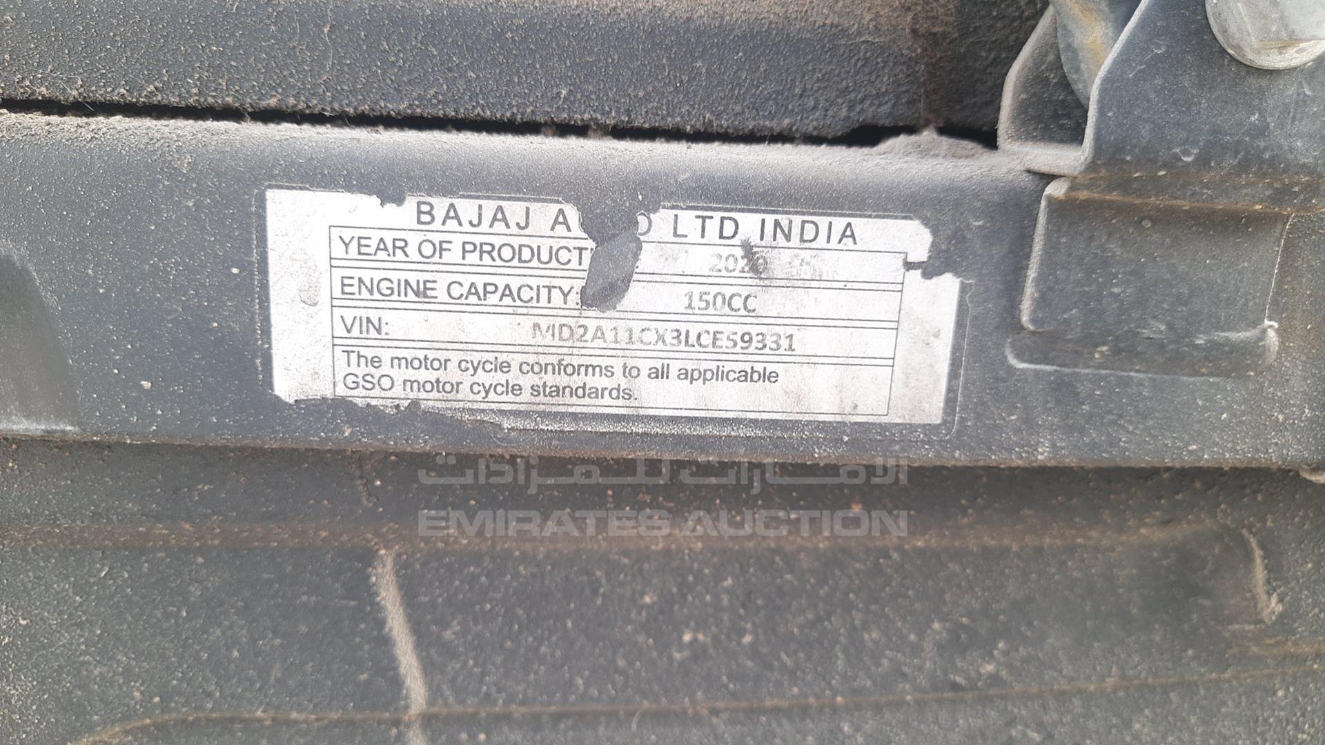 2020 BAJAJ 150 CC VIN: MD2A11CX3LCE59331