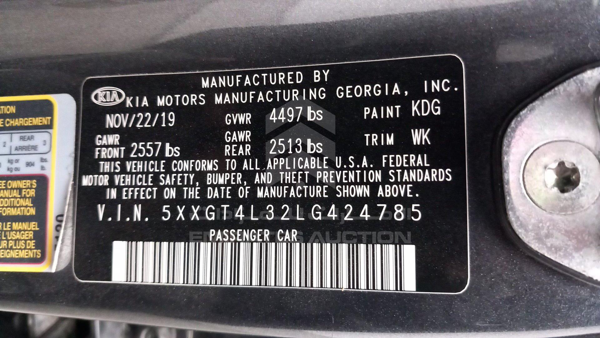 2020 KIA OPTIMA VIN: 5XXGT4L32LG424785