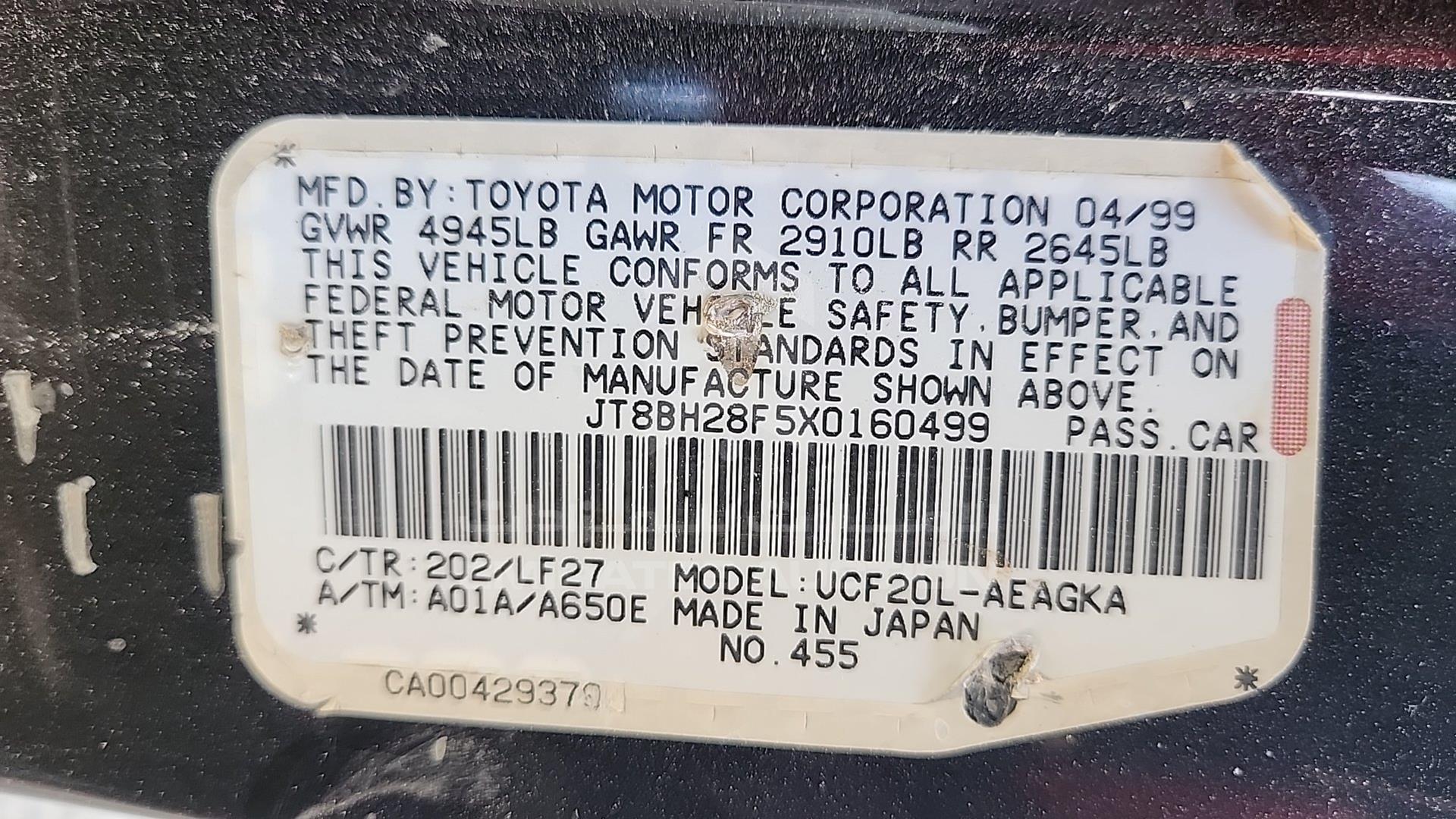 1999 LEXUS LS400 VIN: JT8BH28F5X0160499