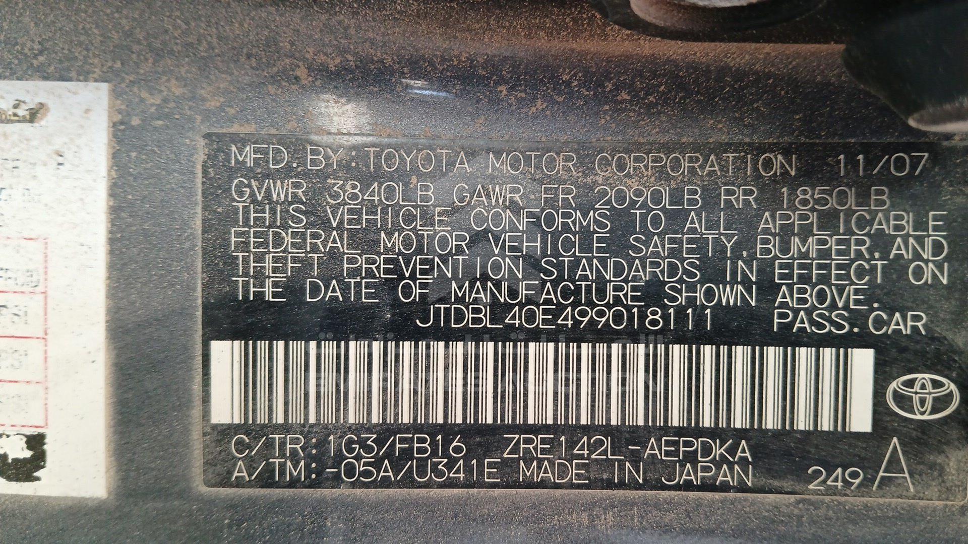 2009 TOYOTA COROLLA VIN: JTDBL40E499018111