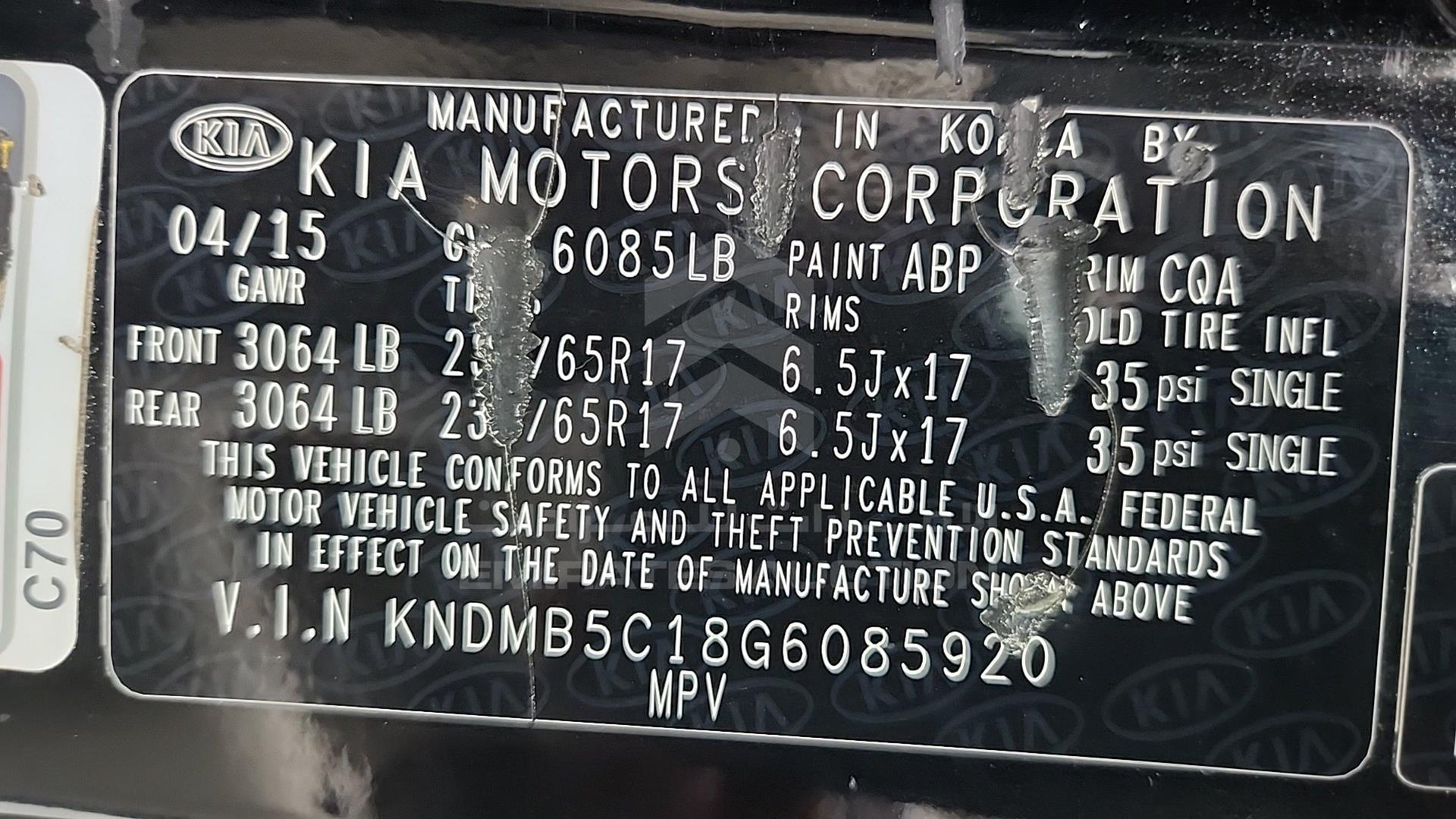 2016 KIA SEDONA VIN: KNDMB5C18G6085920
