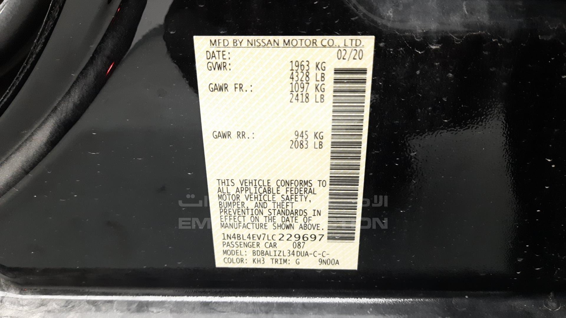 2020 NISSAN ALTIMA VIN: 1N4BL4EV7LC229697