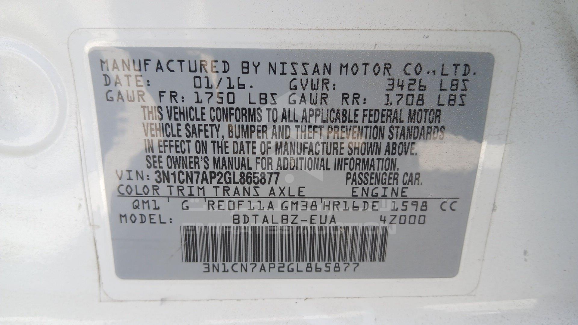 2016 NISSAN VERSA VIN: 3N1CN7AP2GL865877
