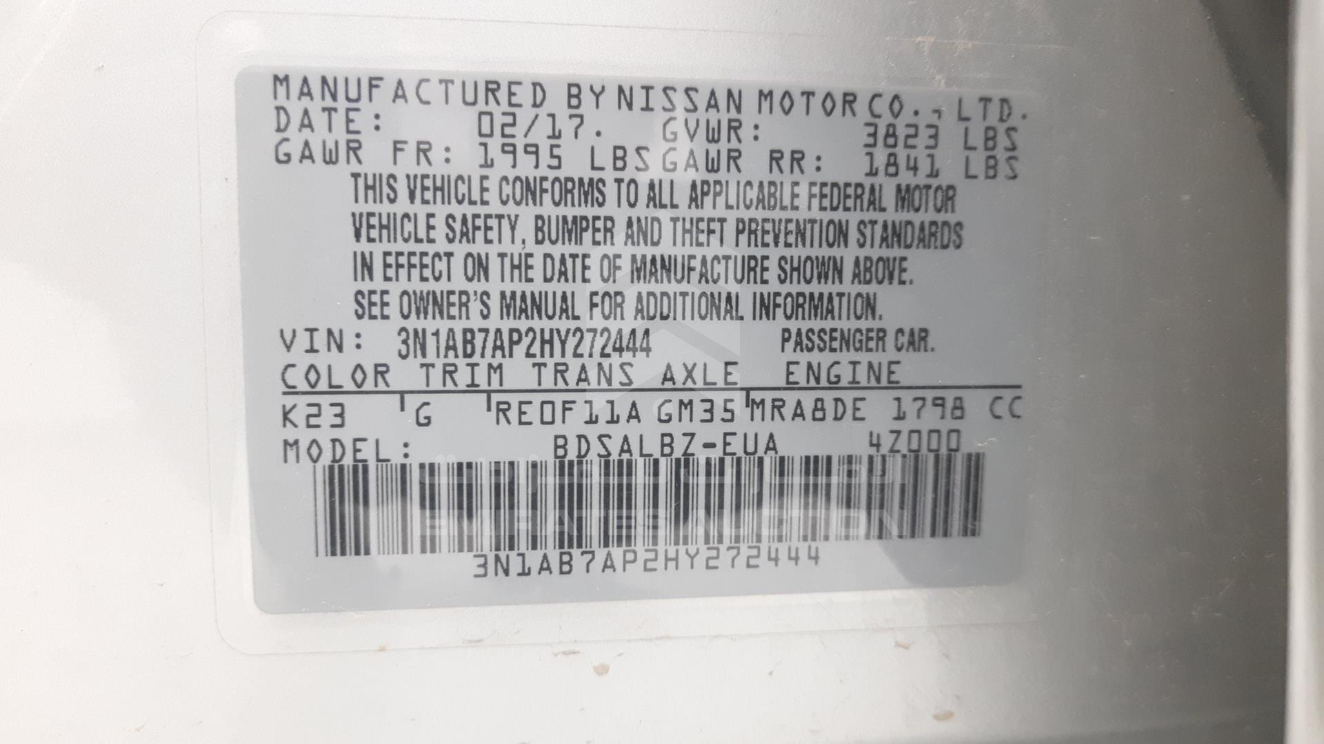 2017 NISSAN SENTRA VIN: 3N1AB7AP2HY272444
