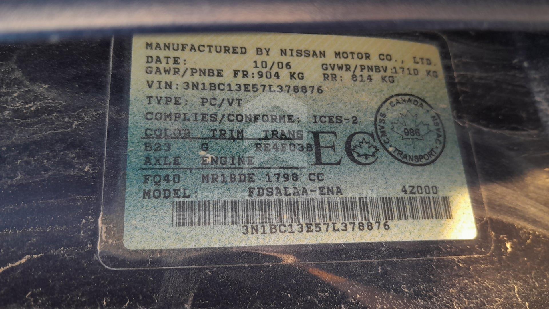 2007 NISSAN VERSA VIN: 3N1BC13E57L378876