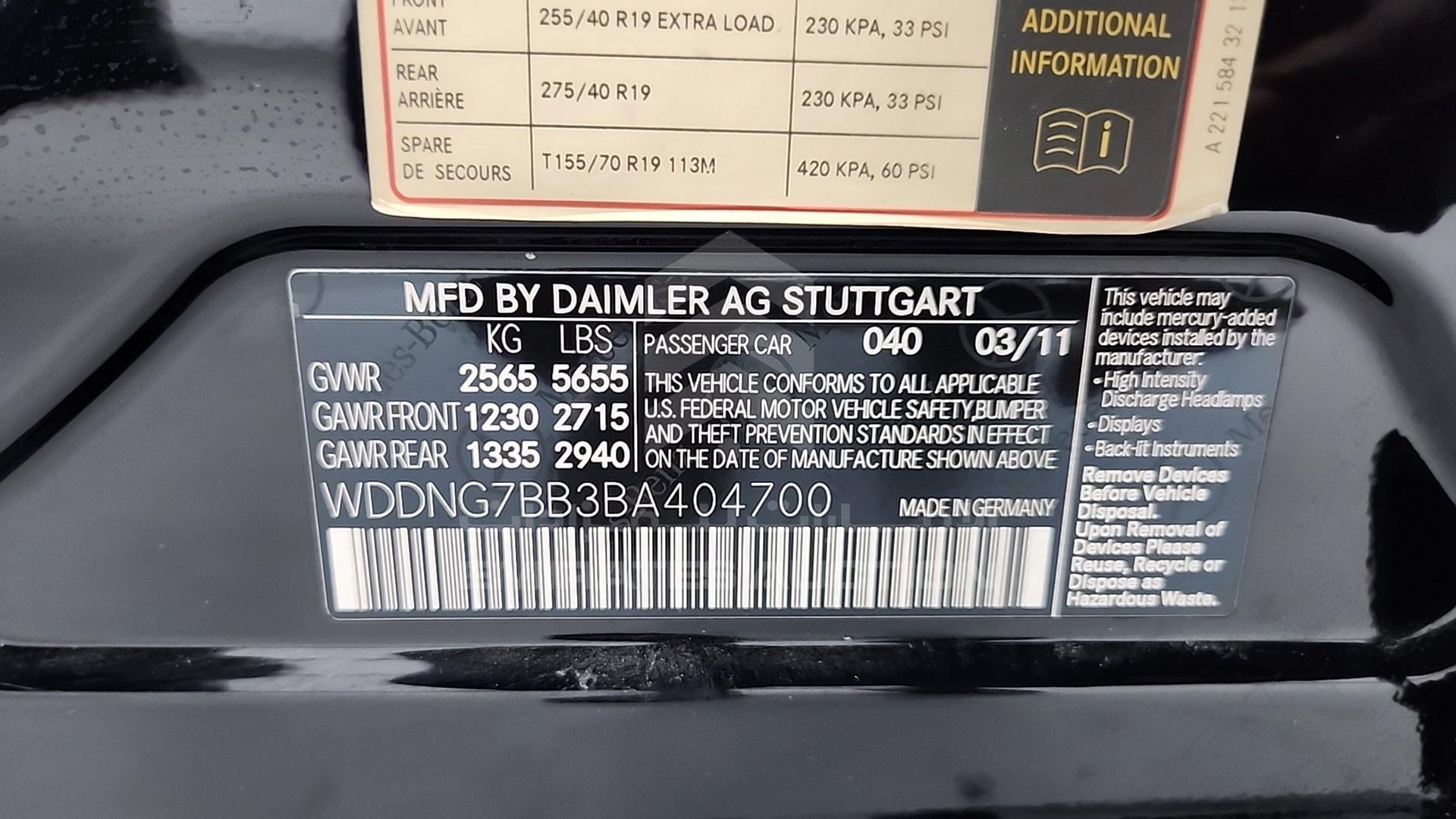 2011 MERCEDES S 350 VIN: WDDNG7BB3BA404700