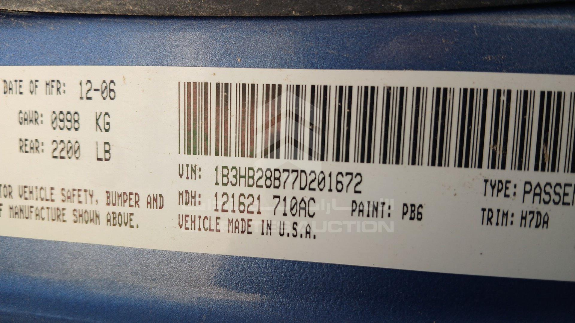 2007 DODGE CALIBER VIN: 1B3HB28B77D201672