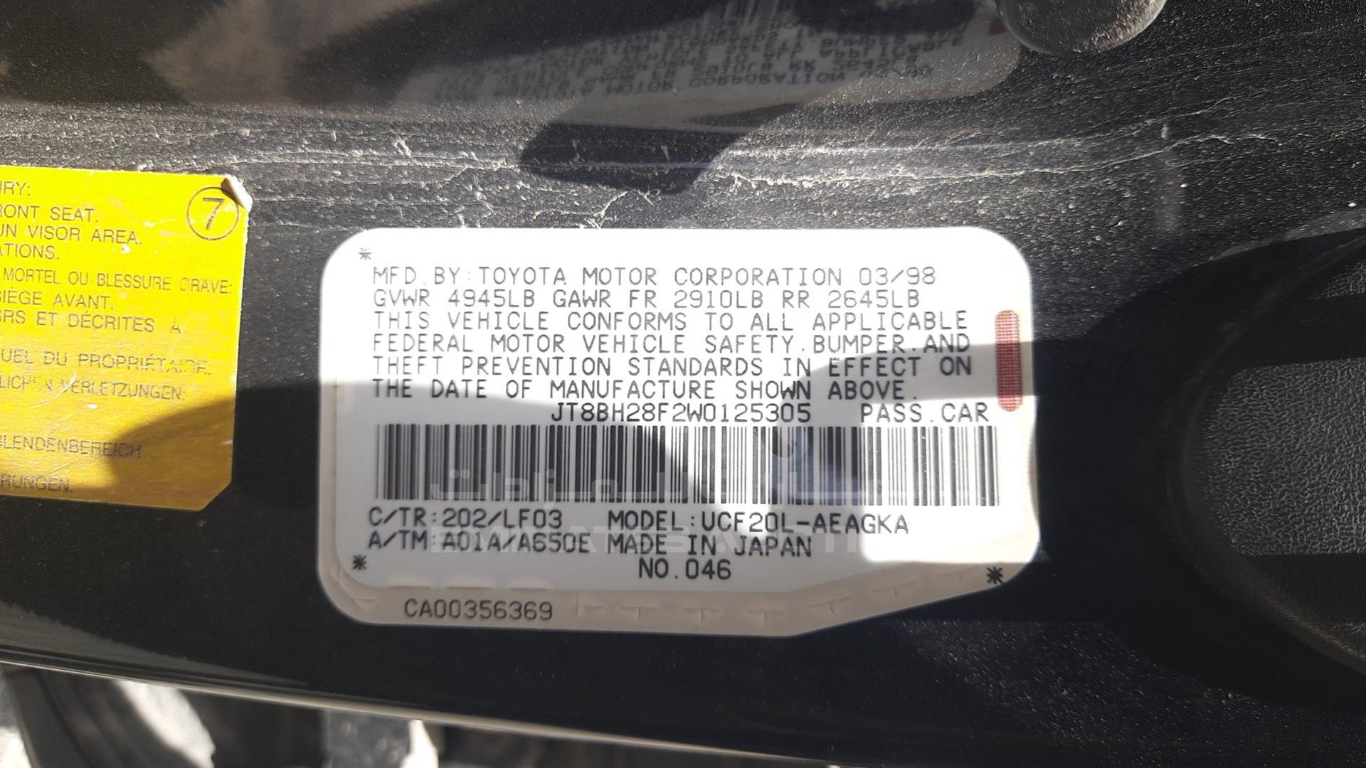 1998 LEXUS LS400 VIN: JT8BH28F2W0125305