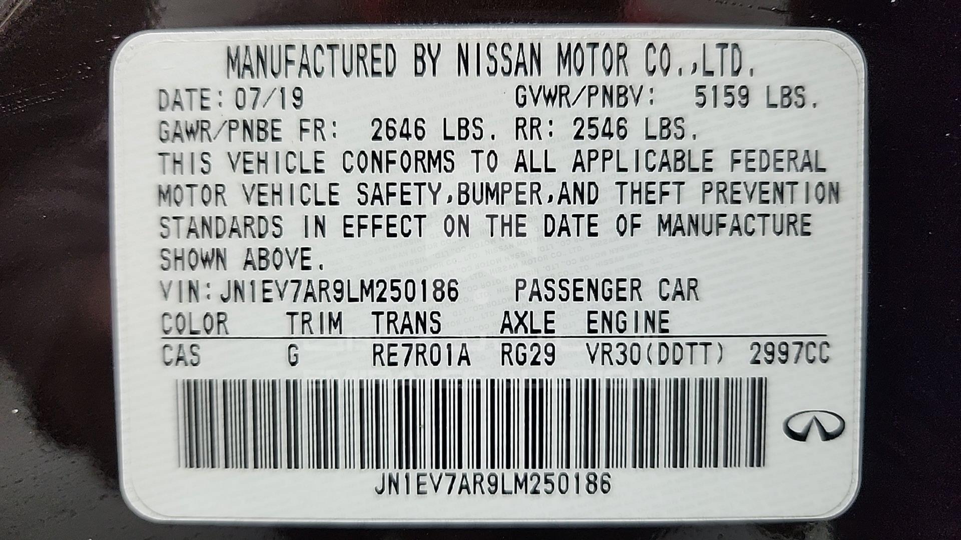 2020 INFINITI Q50 VIN: JN1EV7AR9LM250186