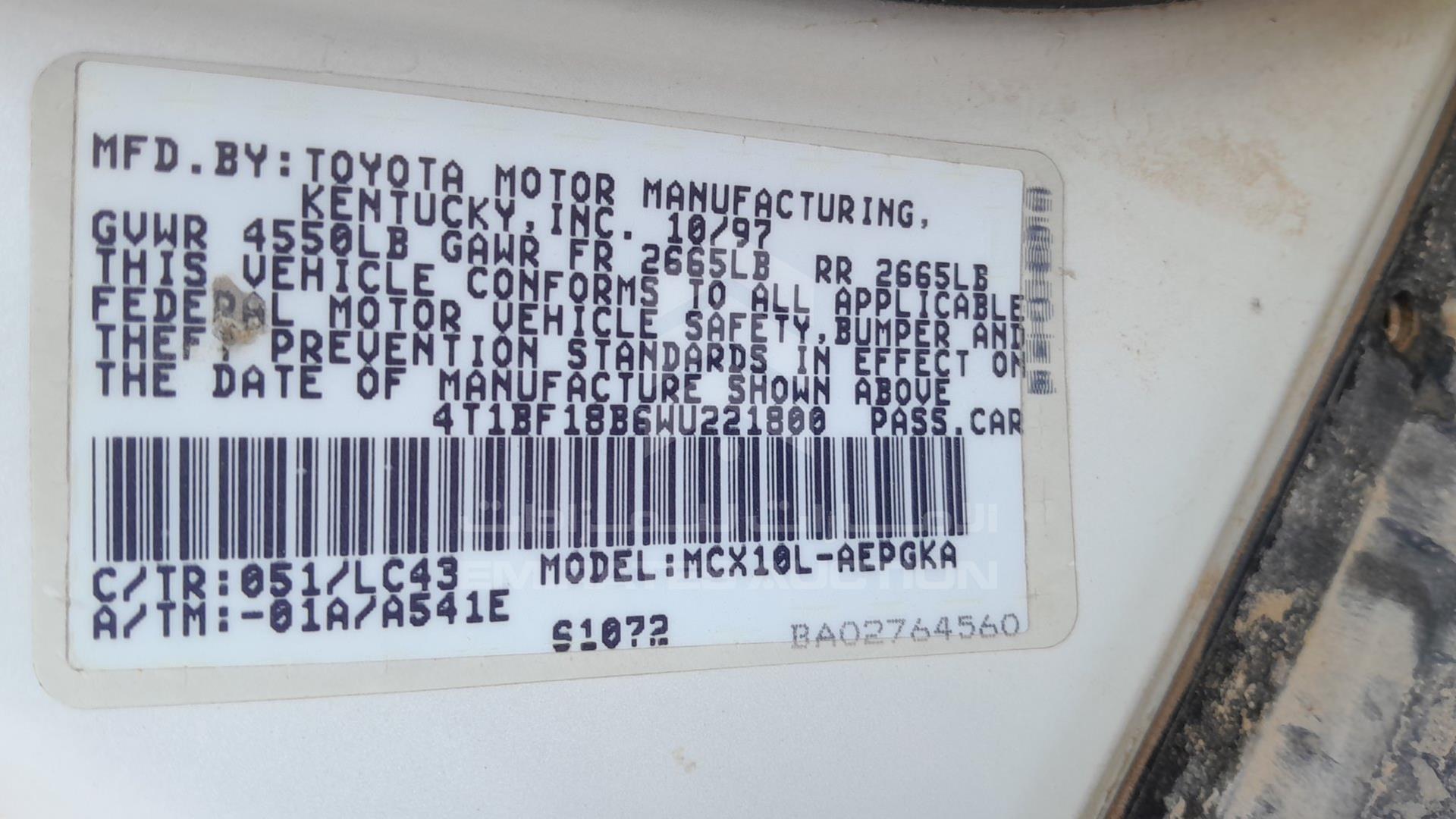 1998 TOYOTA AVALON VIN: 4T1BF18B6WU221800