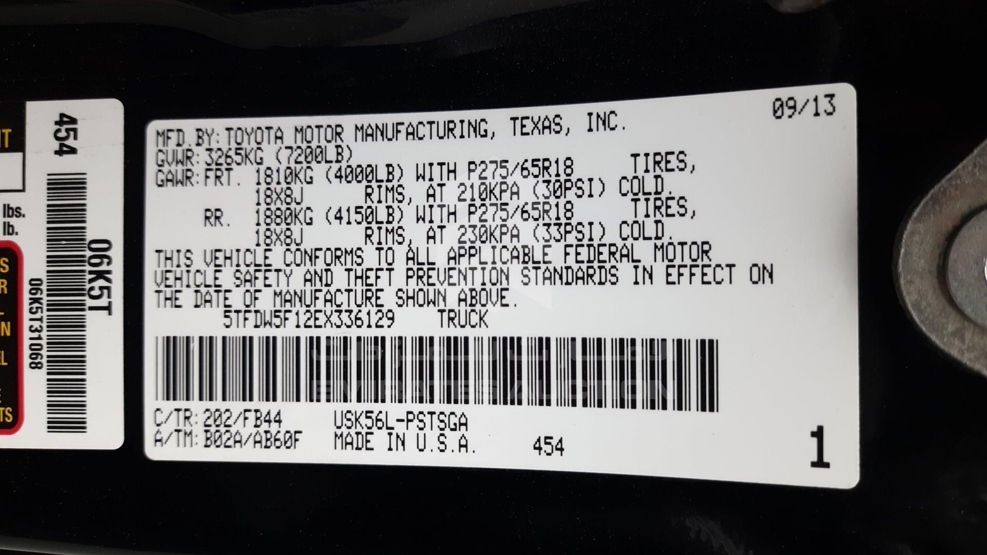2014 TOYOTA TUNDRA VIN: 5TFDW5F12EX336129