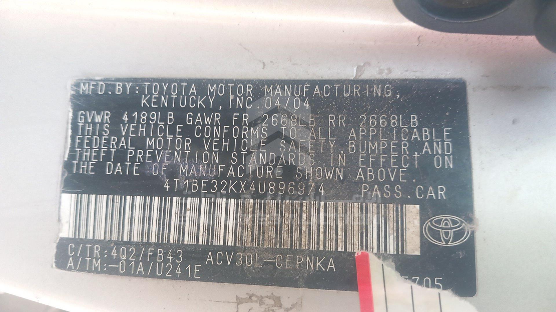 2004 TOYOTA CAMRY VIN: 4T1BE32KX4U896974