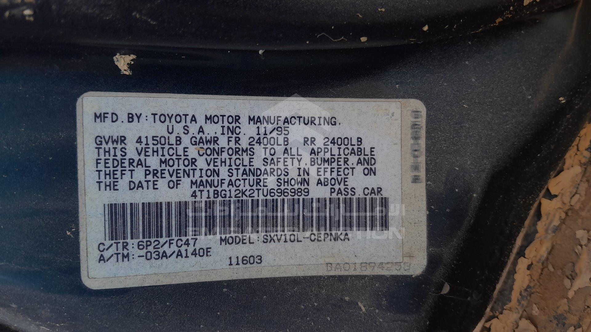 1996 TOYOTA CAMRY VIN: 4T1BG12K2TU696989
