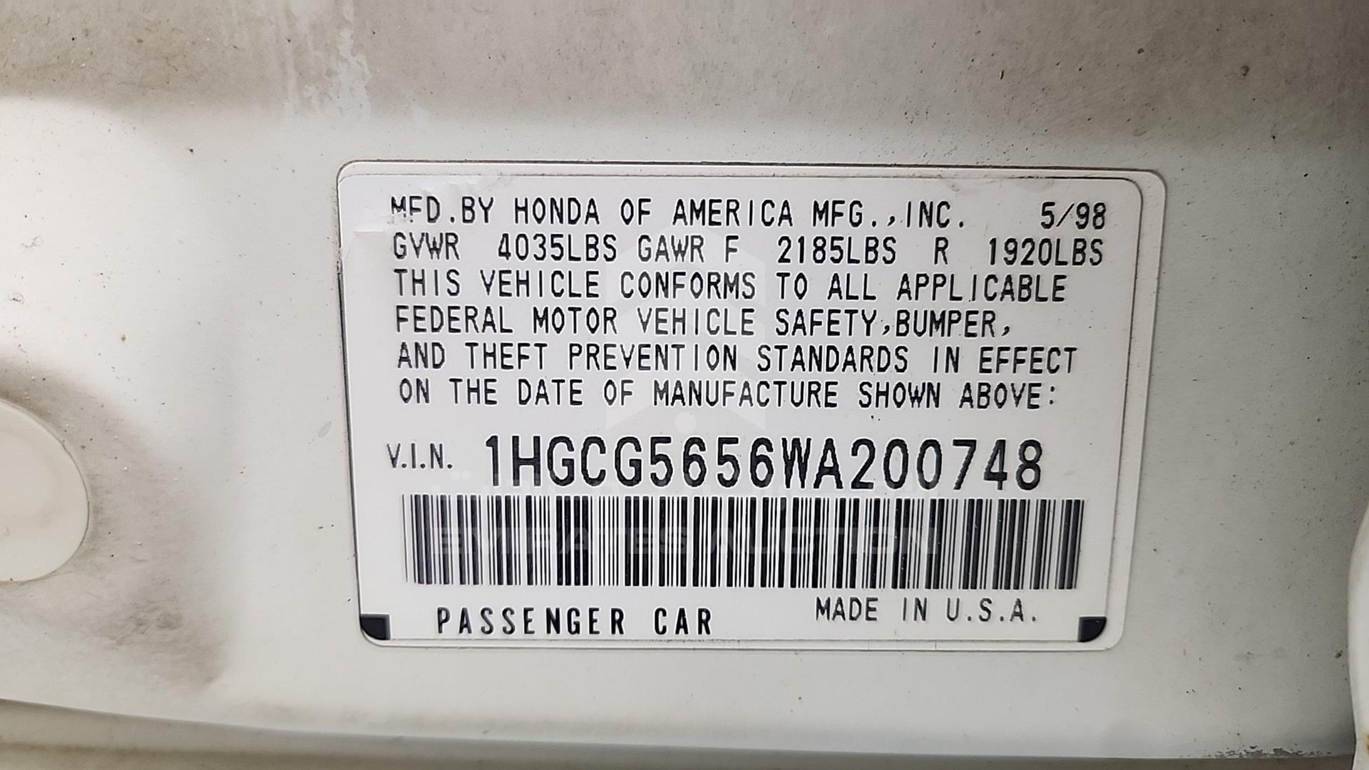 1998 HONDA ACCORD VIN: 1HGCG5656WA200748