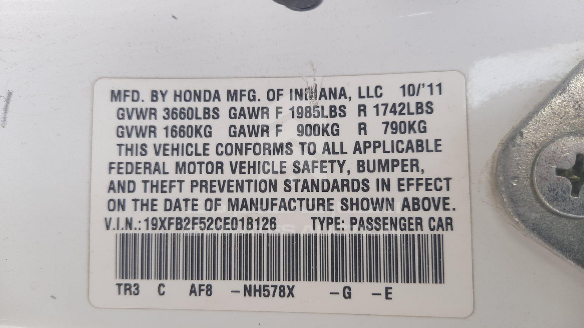 2012 HONDA CIVIC VIN: 19XFB2F52CE018126