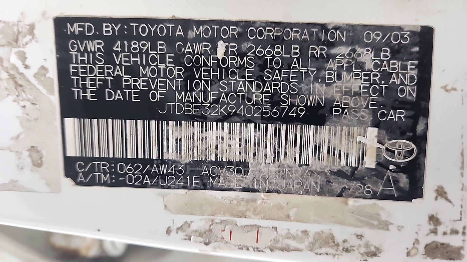 2004 TOYOTA CAMRY VIN: JTDBE32K940256749
