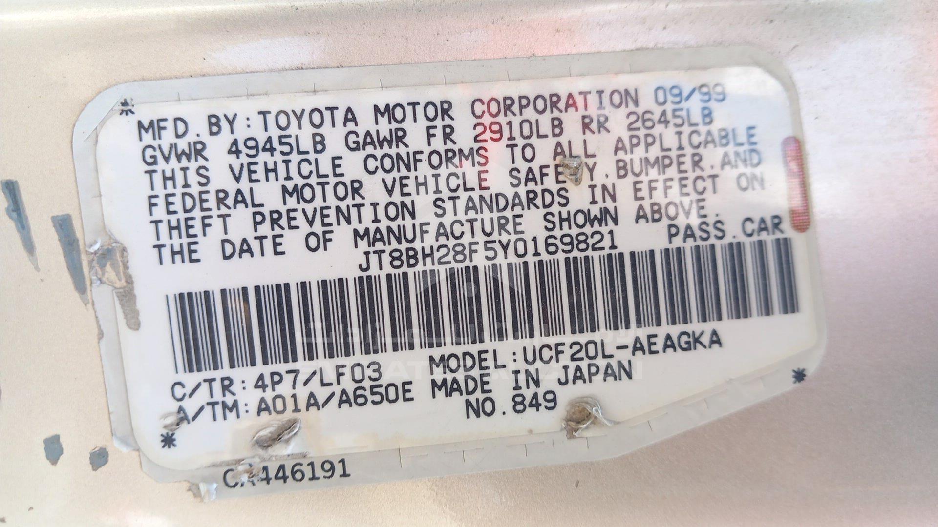 2000 LEXUS LS400 VIN: JT8BH28F5Y0169821