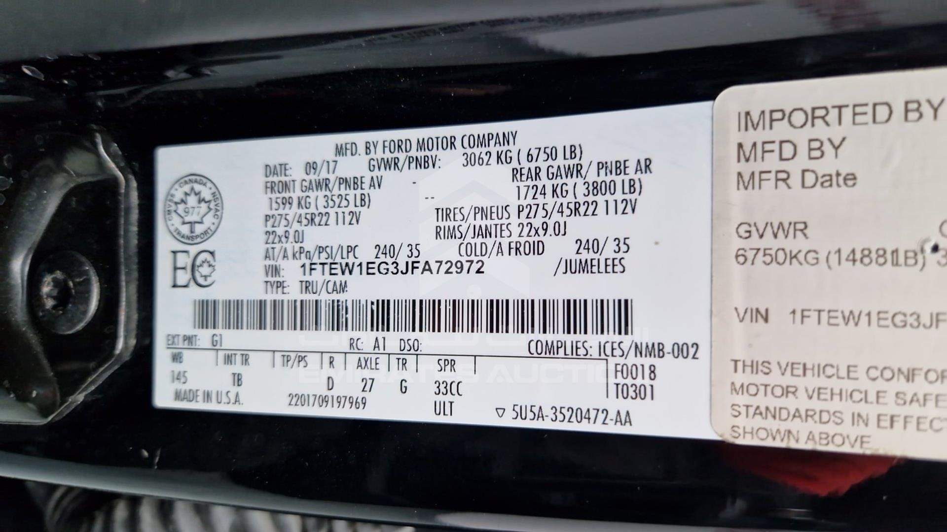 2018 FORD F-150 VIN: 1FTEW1EG3JFA72972