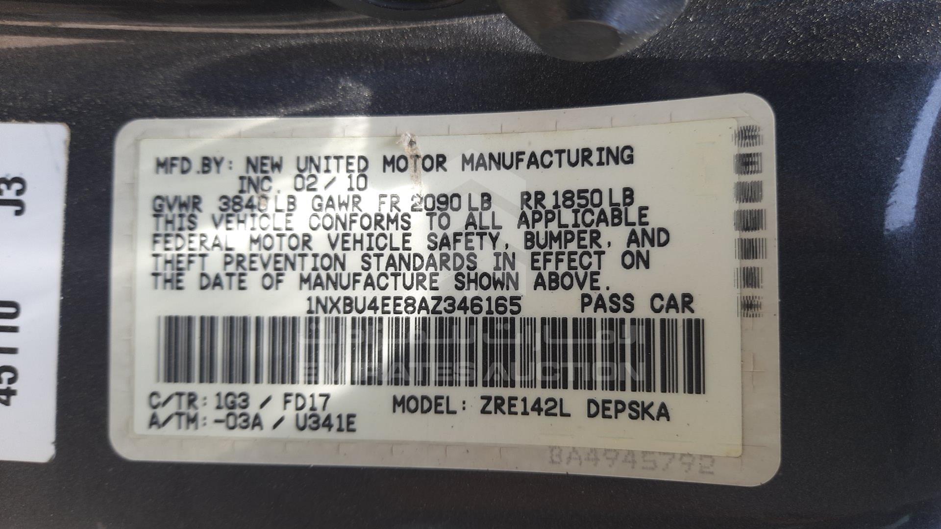 2010 TOYOTA COROLLA VIN: 1NXBU4EE8AZ346165