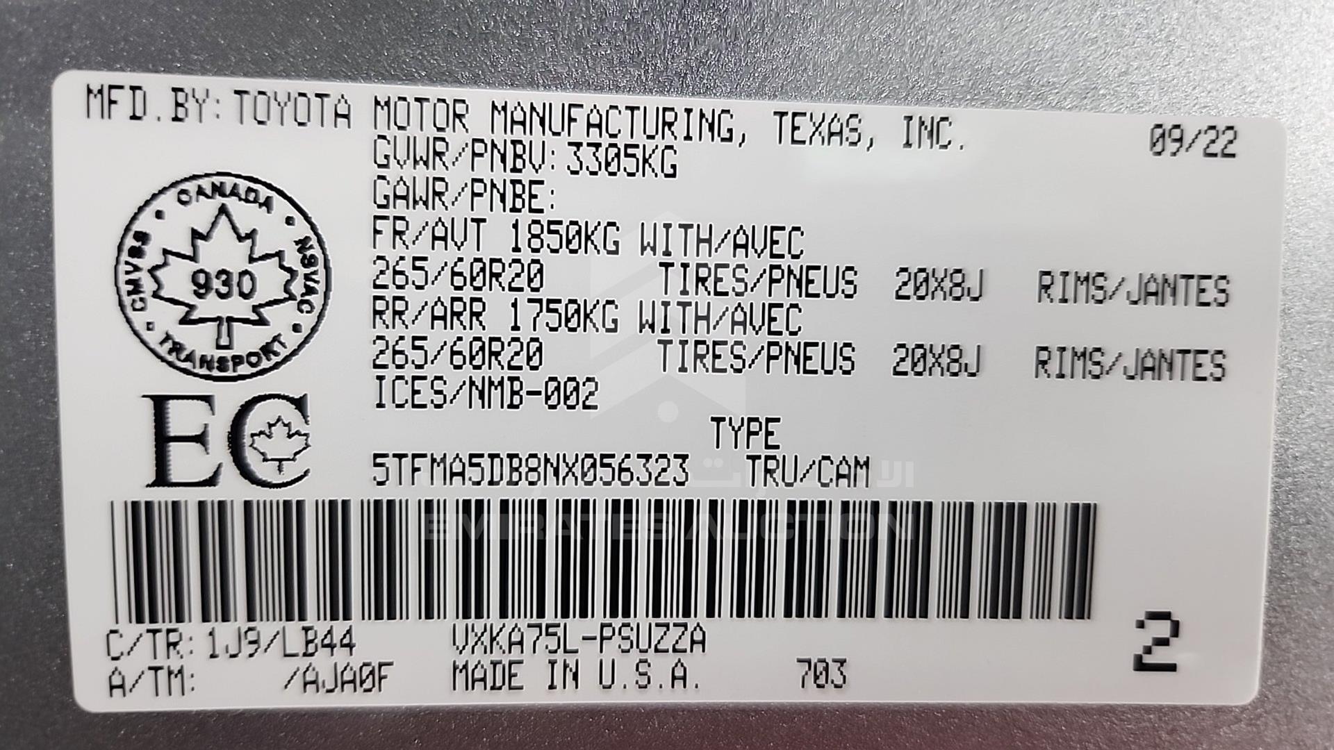 2022 TOYOTA TUNDRA VIN: 5TFMA5DB8NX056323