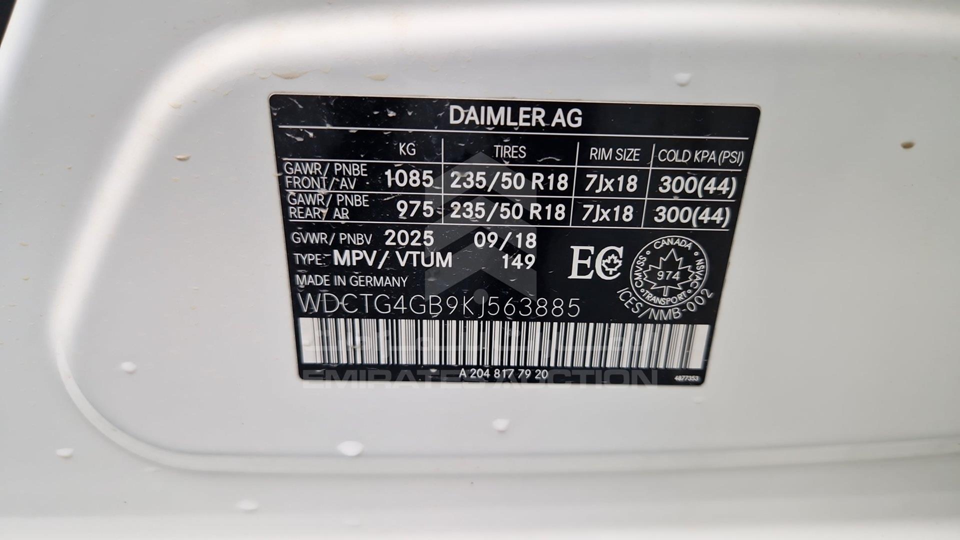 2019 MERCEDES GLA 250 VIN: WDCTG4GB9KJ563885