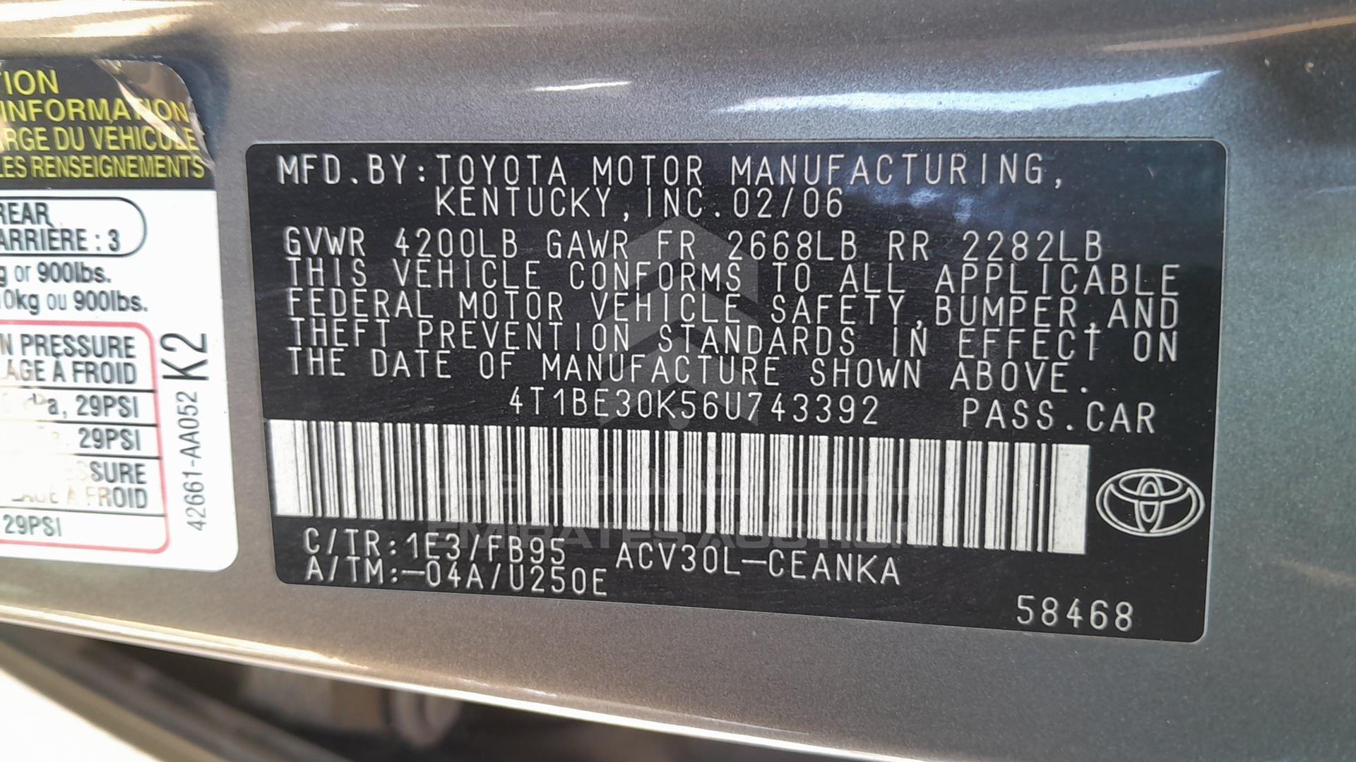 2006 TOYOTA CAMRY VIN: 4T1BE30K56U743392