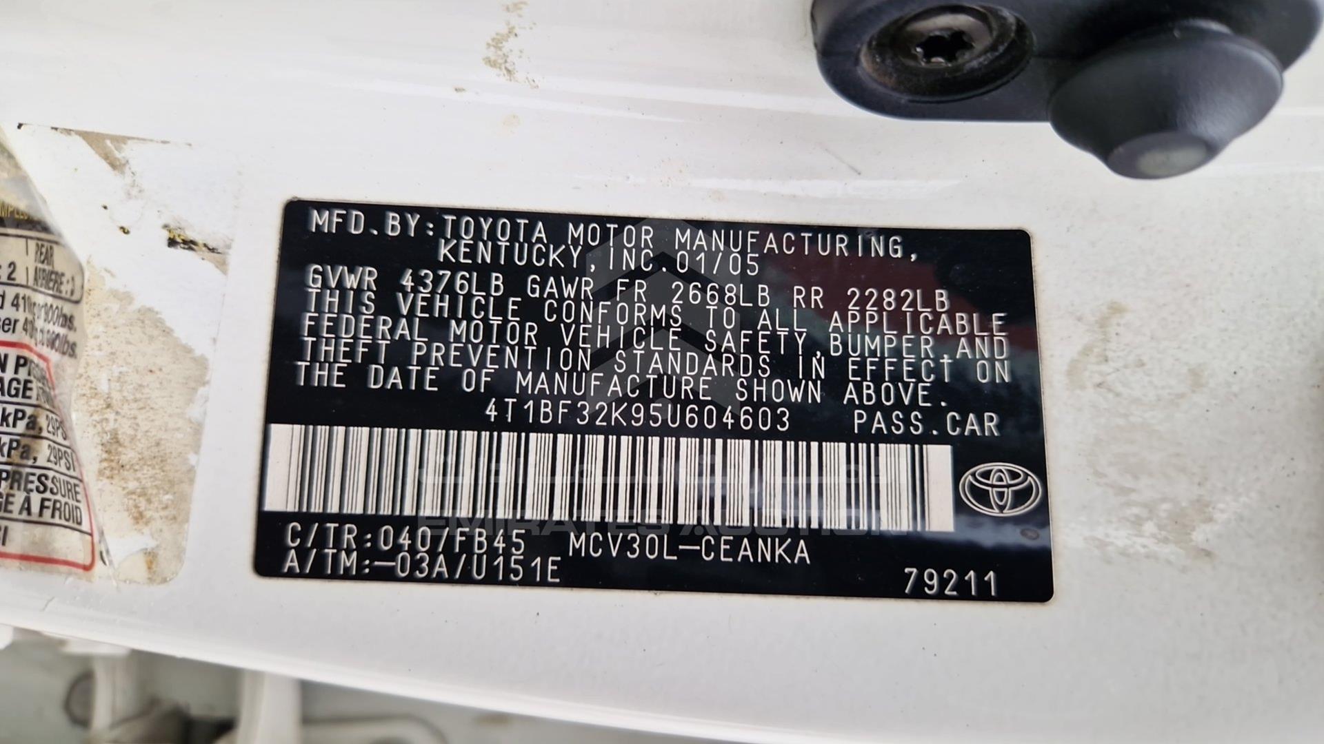 2005 TOYOTA CAMRY VIN: 4T1BF32K95U604603