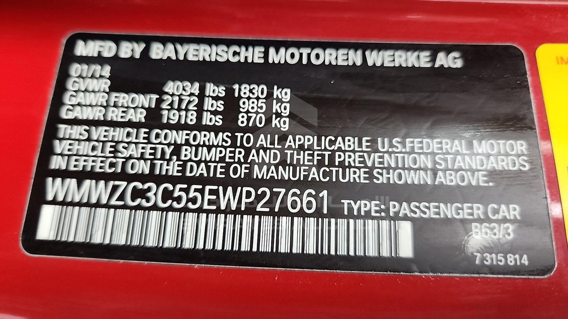 2014 MINI COOPER COUNTRYMAN VIN: WMWZC3C55EWP27661