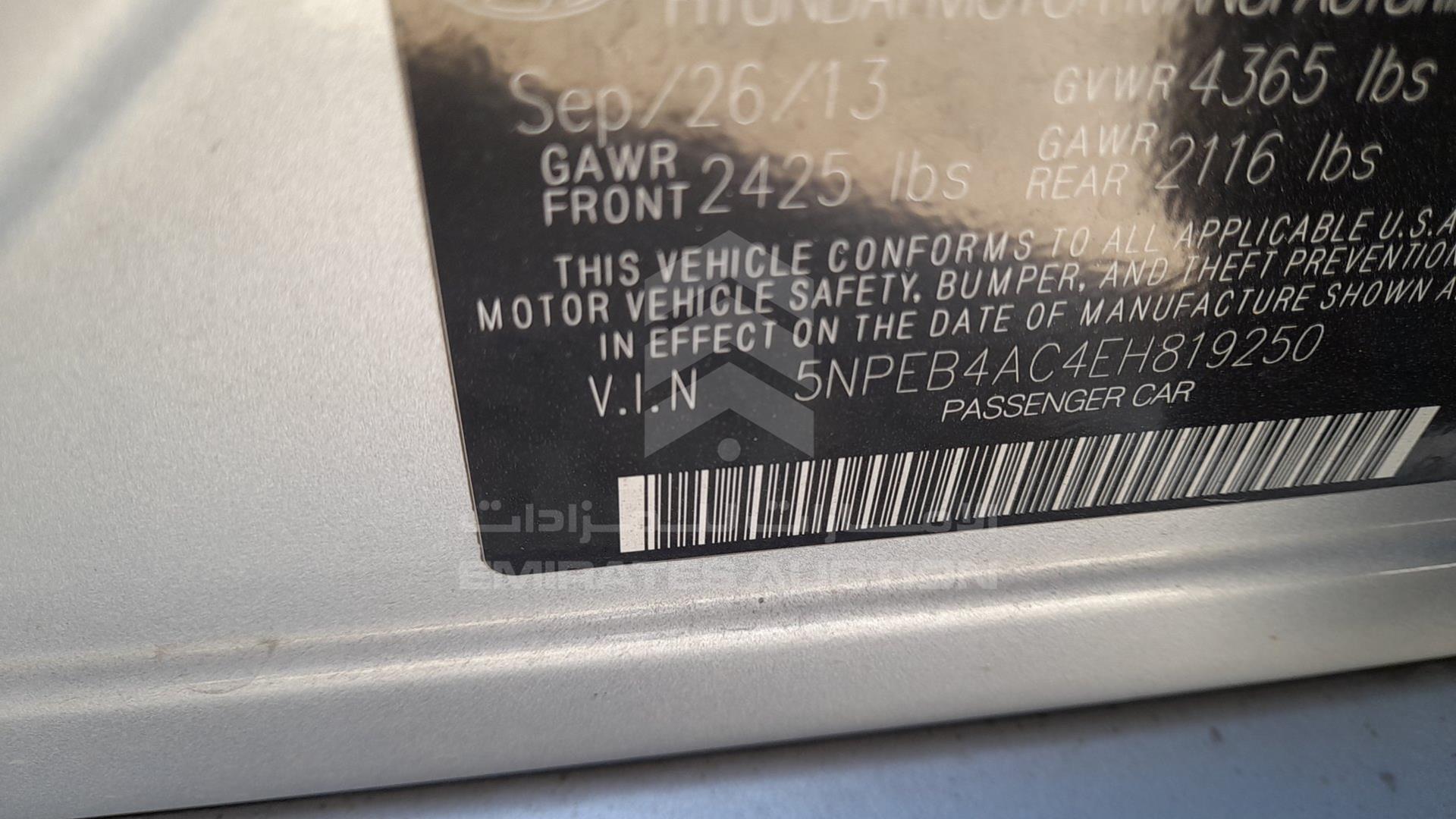 2014 HYUNDAI SONATA VIN: 5NPEB4AC4EH819250