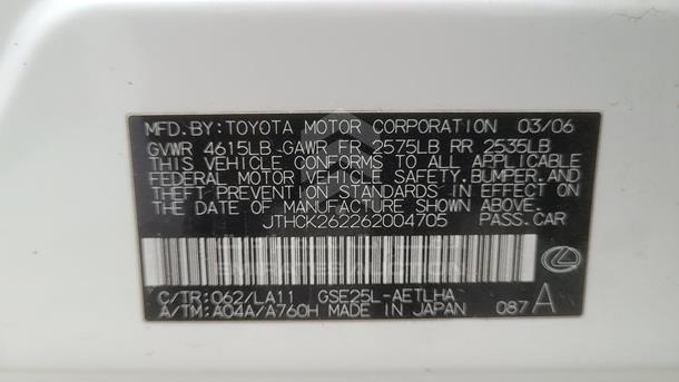 2006 LEXUS IS 250 VIN: JTHCK262262004705