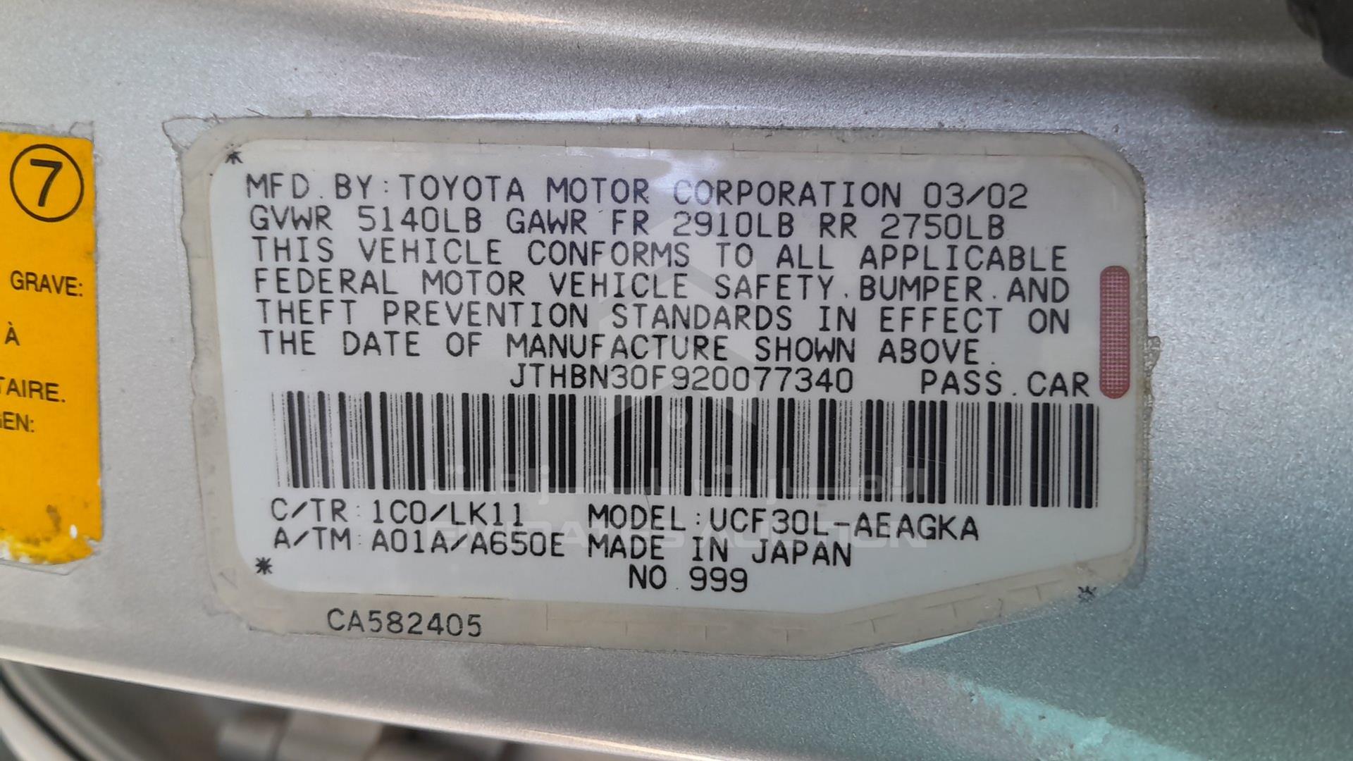 2002 LEXUS LS 430 VIN: JTHBN30F920077340