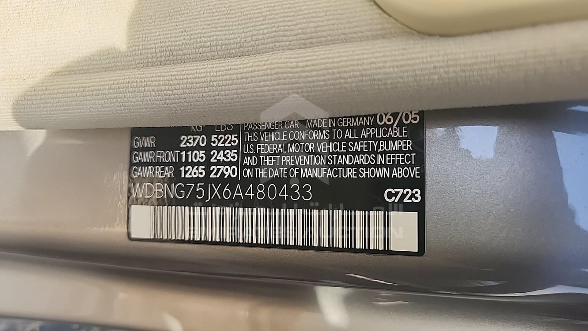 2006 MERCEDES S 500 VIN: WDBNG75JX6A480433
