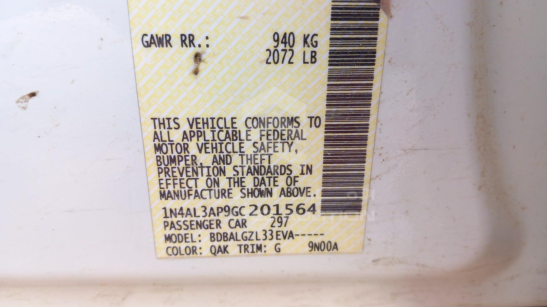 2016 NISSAN ALTIMA VIN: 1N4AL3AP9GC201564