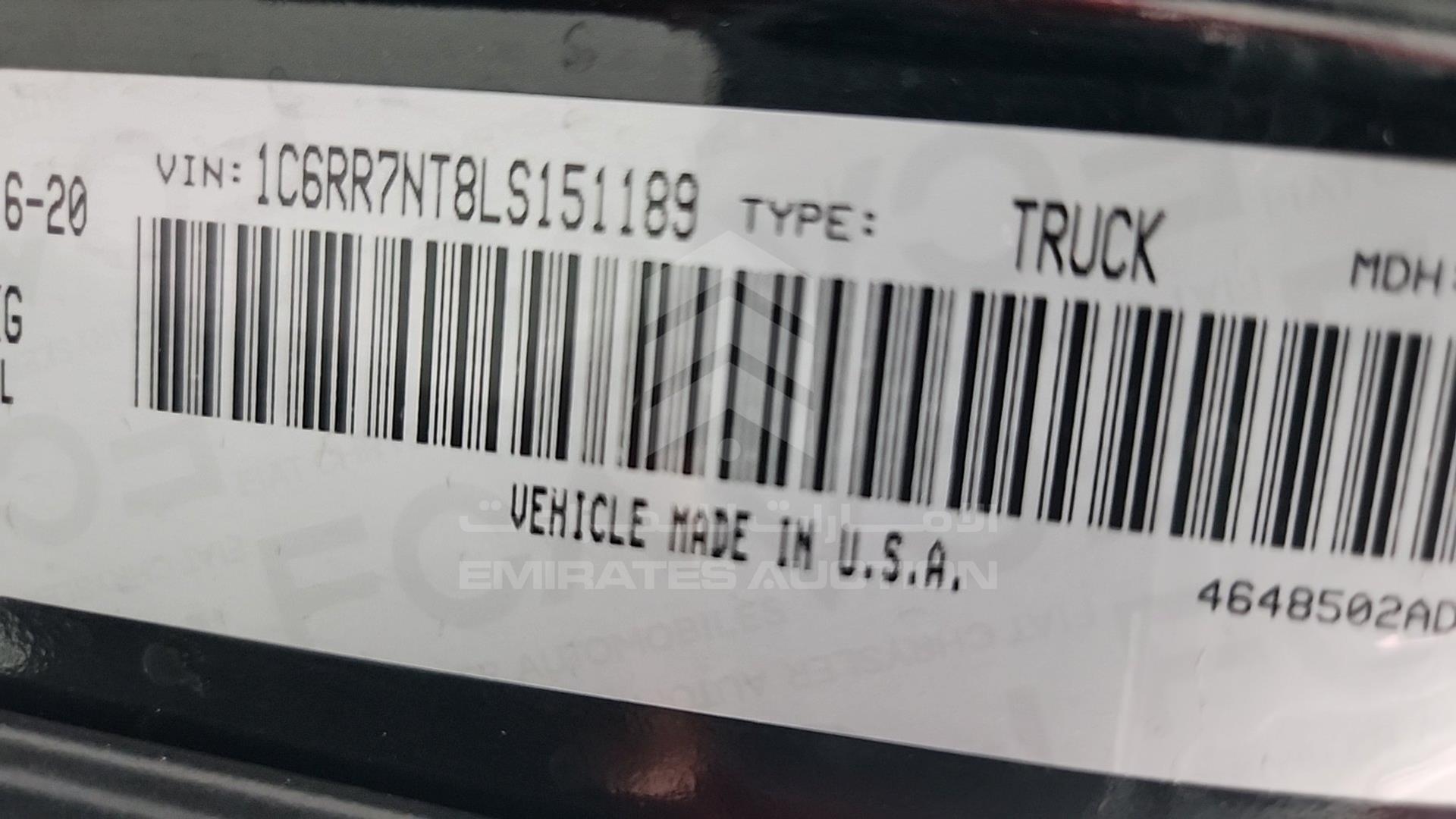 2020 DODGE RAM VIN: 1C6RR7NT8LS151189