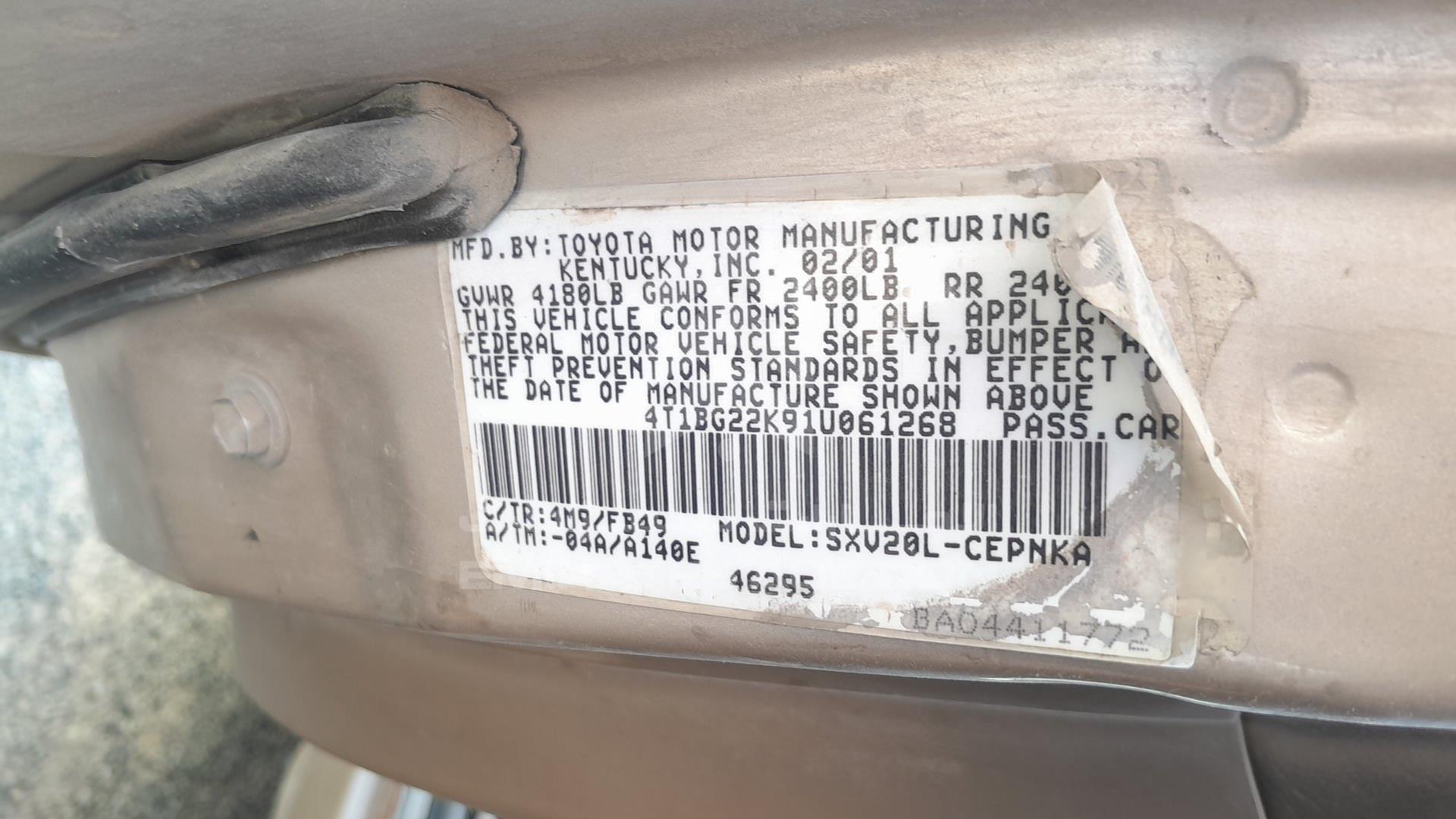 2001 TOYOTA CAMRY VIN: 4T1BG22K91U061268