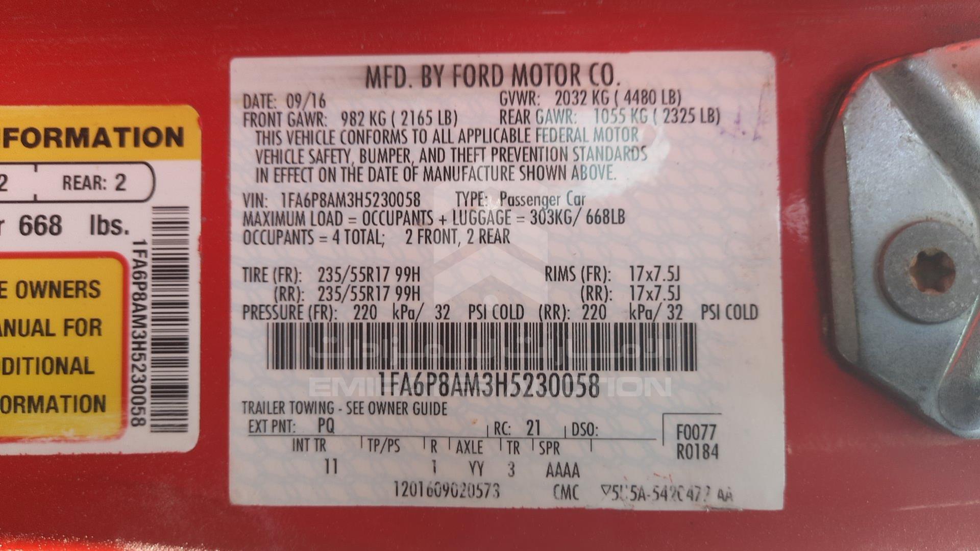 2017 FORD MUSTANG VIN: 1FA6P8AM3H5230058