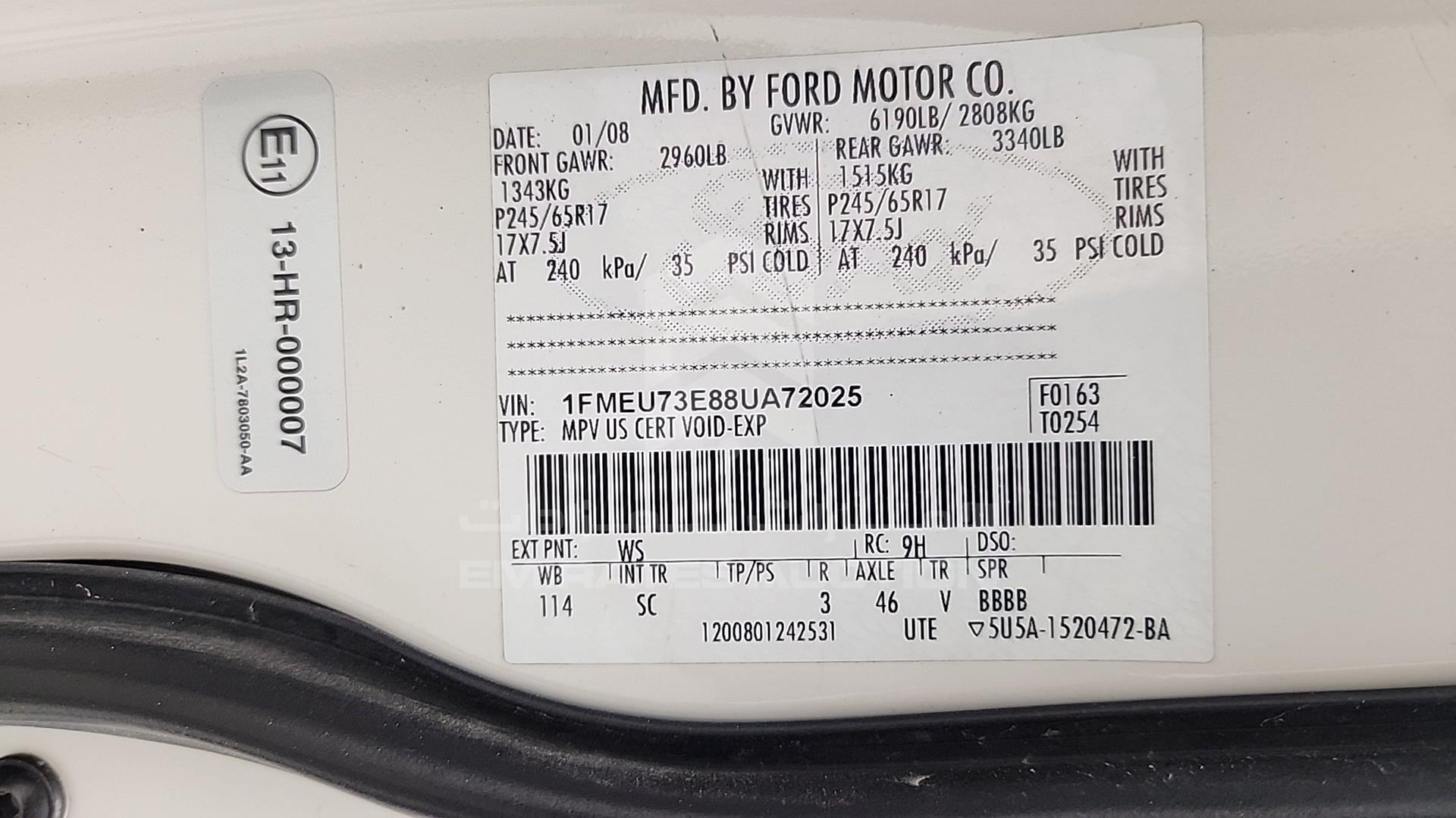 2008 FORD EXPLORER VIN: 1FMEU73E88UA72025